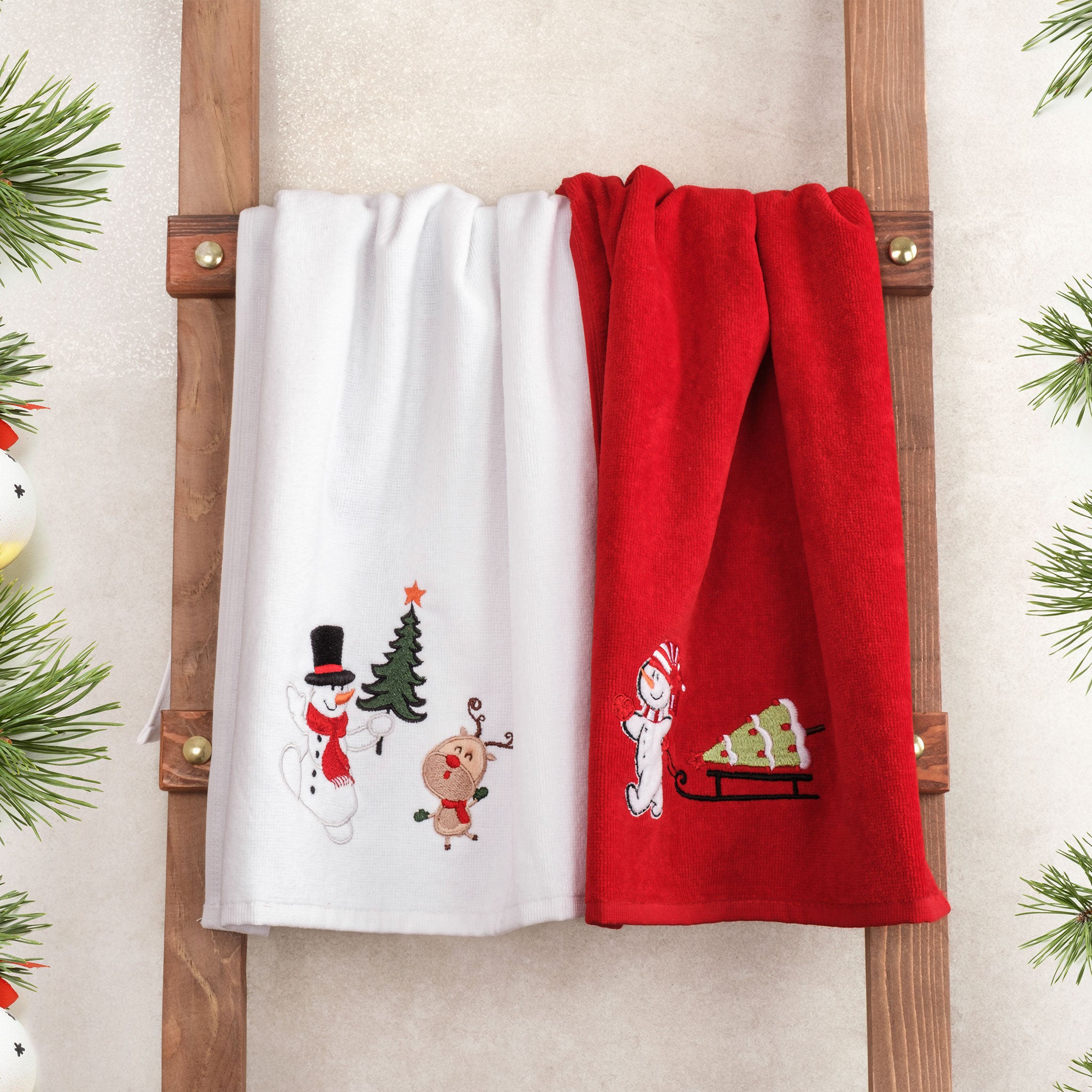 American Soft Linen - Christmas Towels 2  Packed Embroidered Towels for Decor Xmas - 60 Set Case Pack - Snowmen - 3
