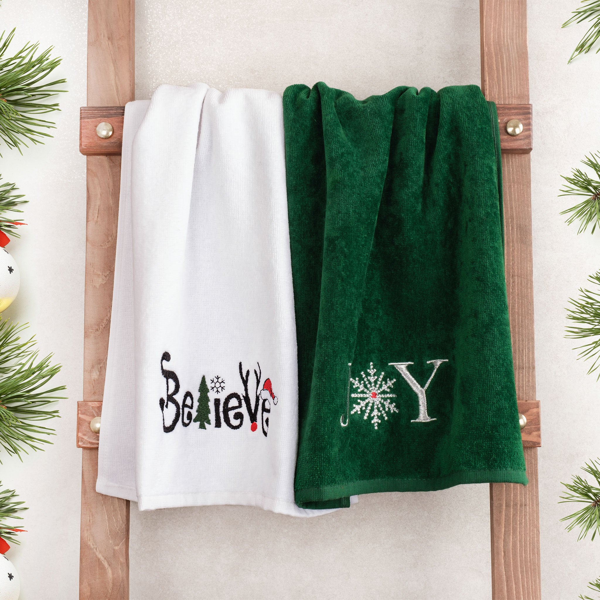 American Soft Linen - Christmas Towels 2 Packed Embroidered Towels for Decor Xmas - Joy-Believe - 3
