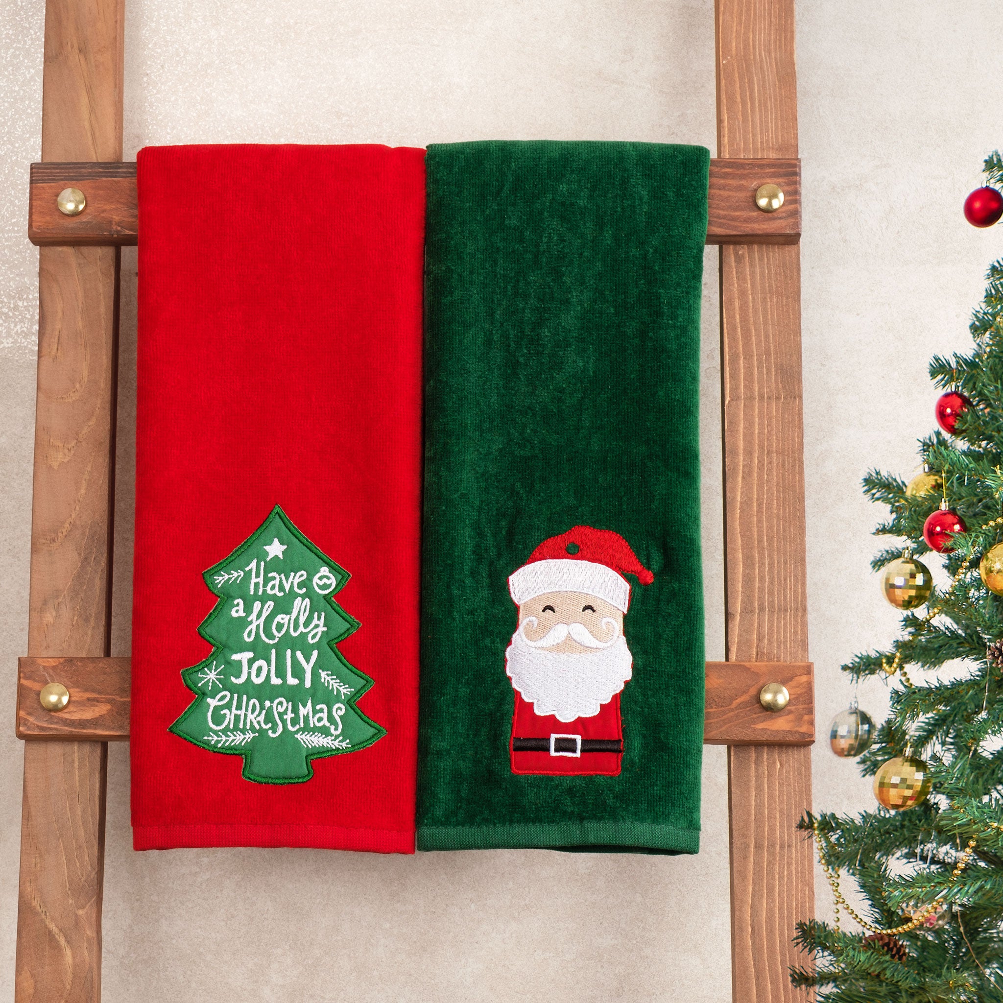 American Soft Linen - Christmas Towels 2 Packed Embroidered Towels for Decor Xmas - Santa-tree - 2