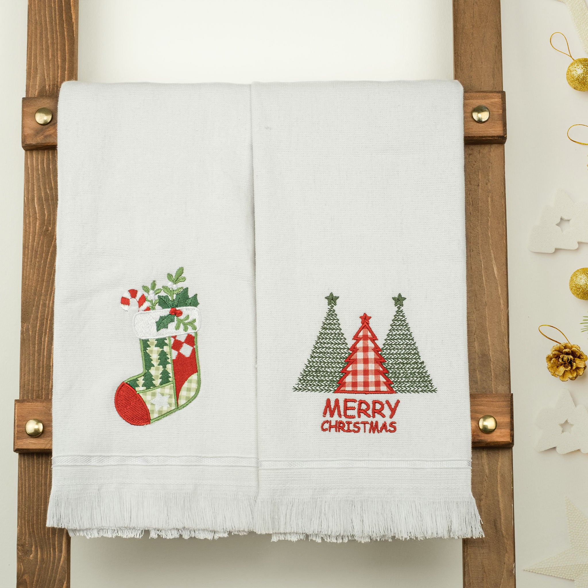 American Soft Linen - Christmas Towels Set 2 Packed Embroidered Turkish Cotton Hand Towels - Christmas Tree Socks - 5