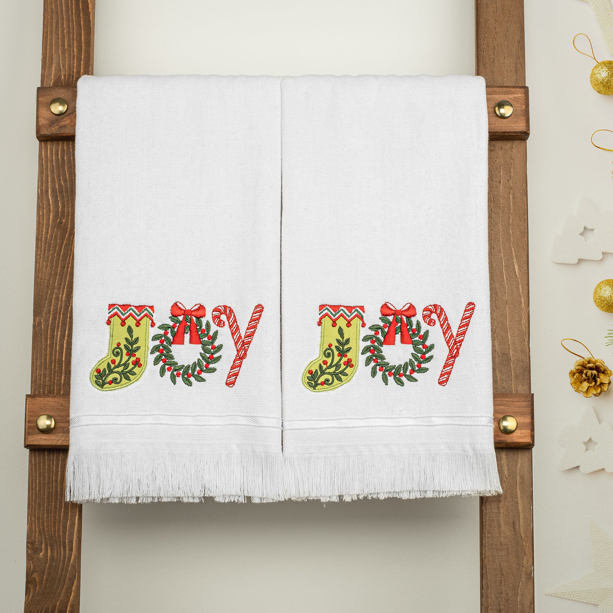 American Soft Linen - Christmas Towels Set 2 Packed Embroidered Turkish Cotton Hand Towels - Joy Lettering - 5