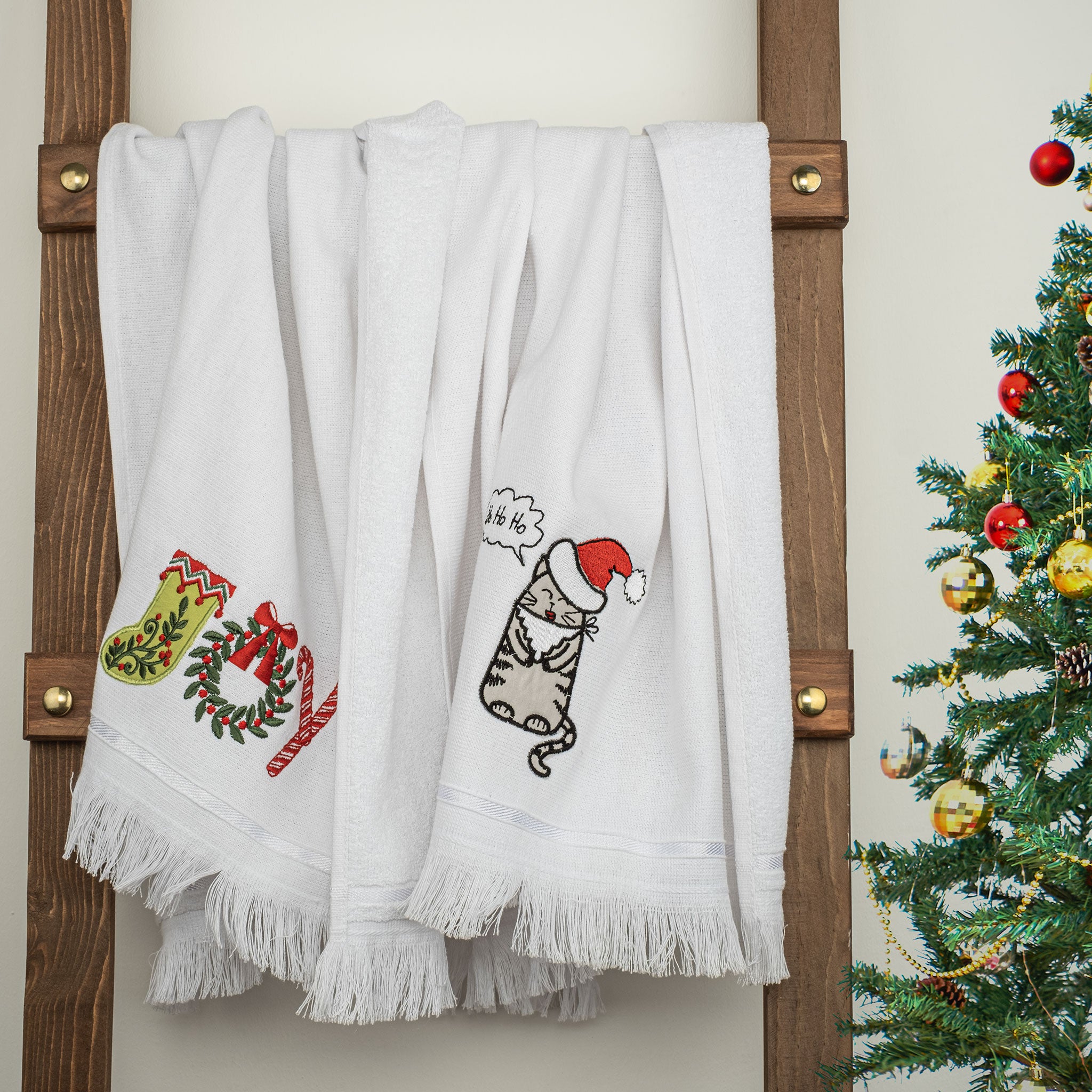 American Soft Linen - Christmas Towels Set 2 Packed Embroidered Turkish Cotton Hand Towels - Joy Cat - 4