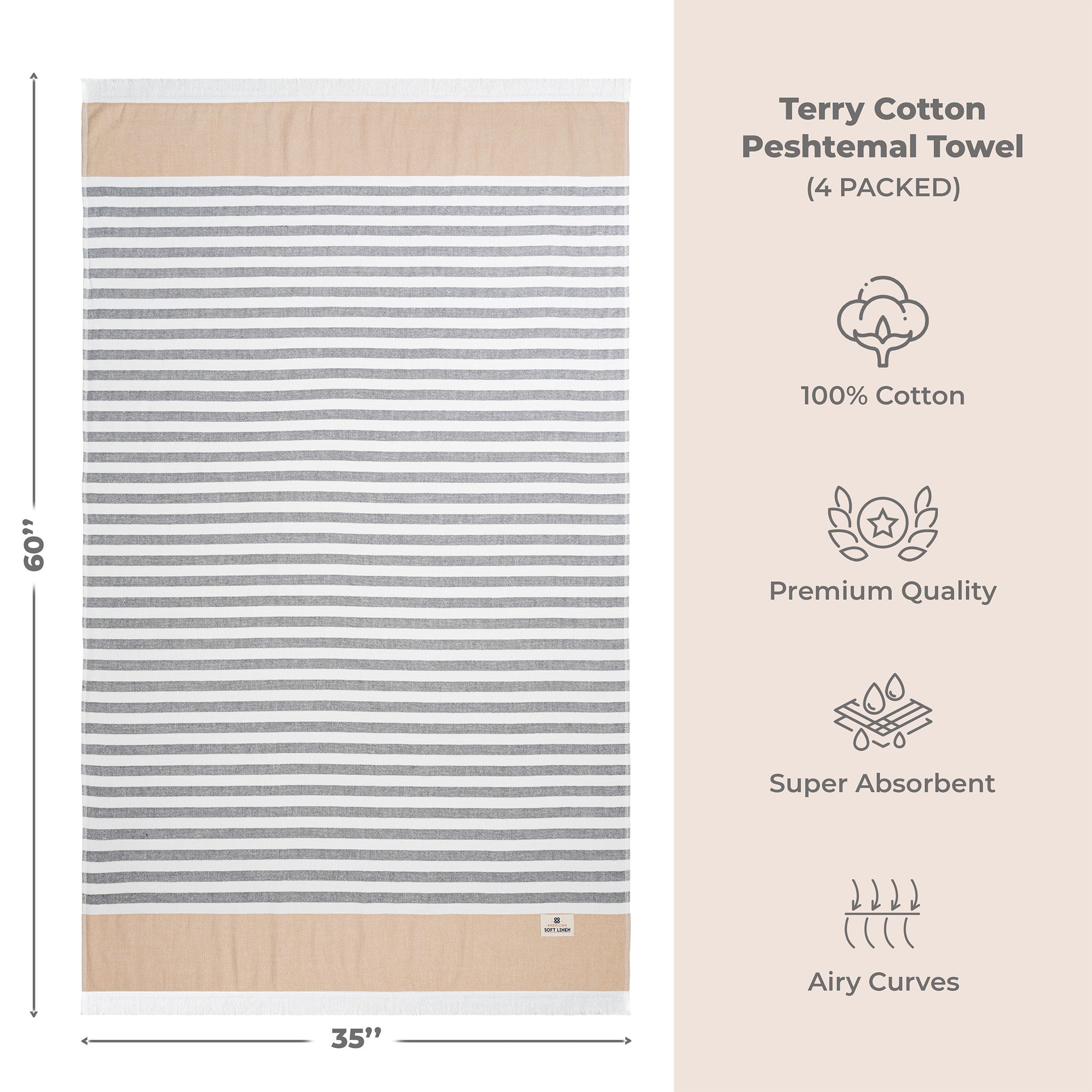 4 Packed 100% Cotton Terry Peshtemal & Beach Towel Brown-03