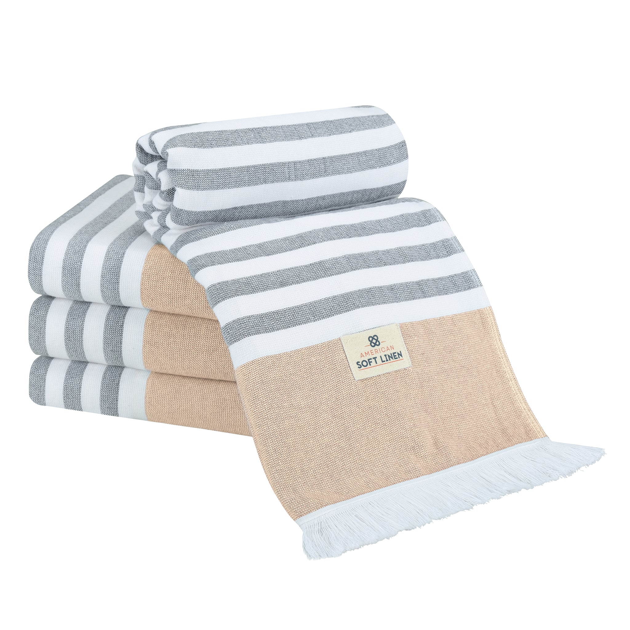 4 Packed Terry Peshtemal and Beach Towel, Mediterranean 100% Cotton Turkish Towels, Premium Peshtemals, 35" x 60", Modern &amp; Traditional Turkish Bath Towels, Brown 1