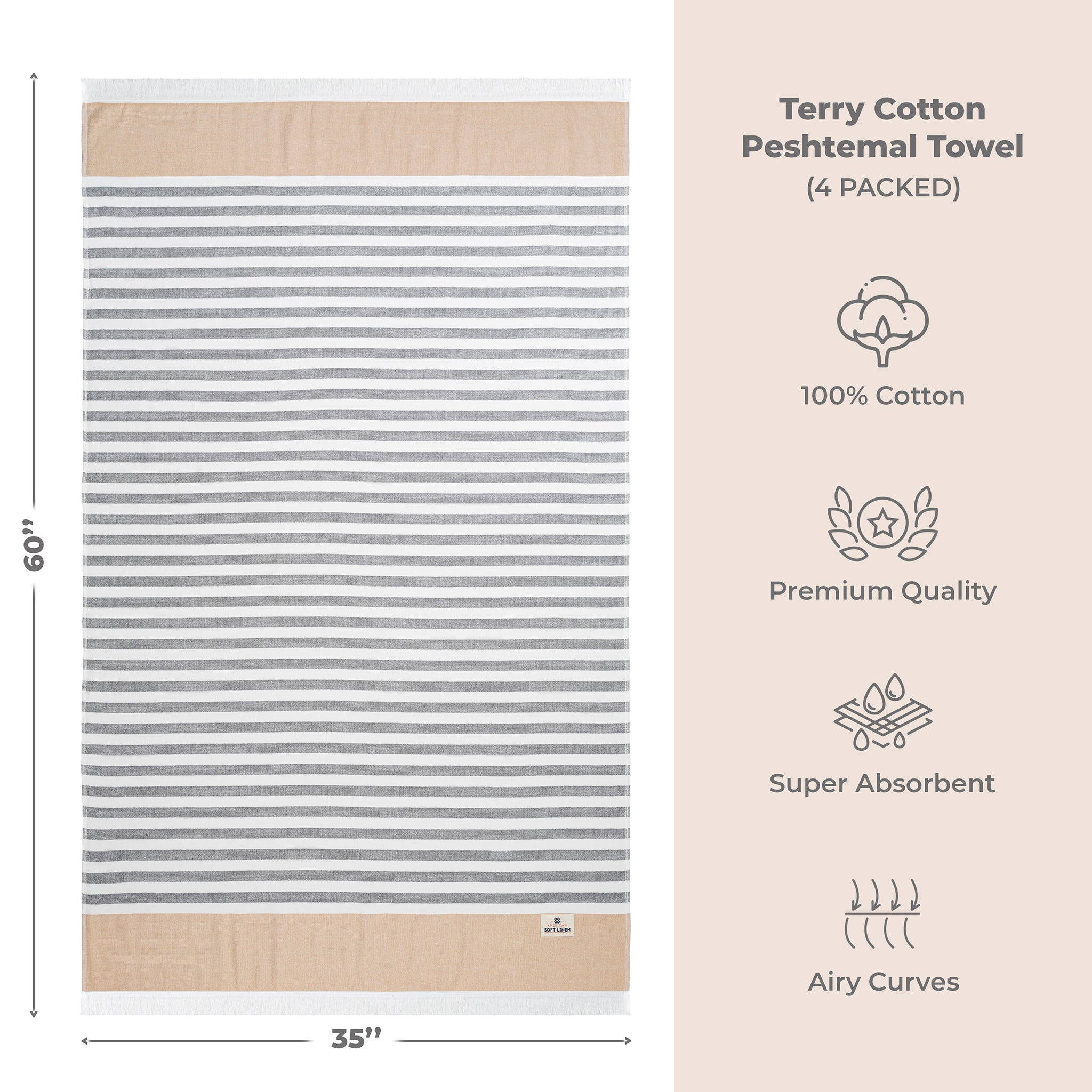 4 Packed Terry Peshtemal and Beach Towel, Mediterranean 100% Cotton Turkish Towels, Premium Peshtemals, 35" x 60", Modern &amp; Traditional Turkish Bath Towels, Brown 4
