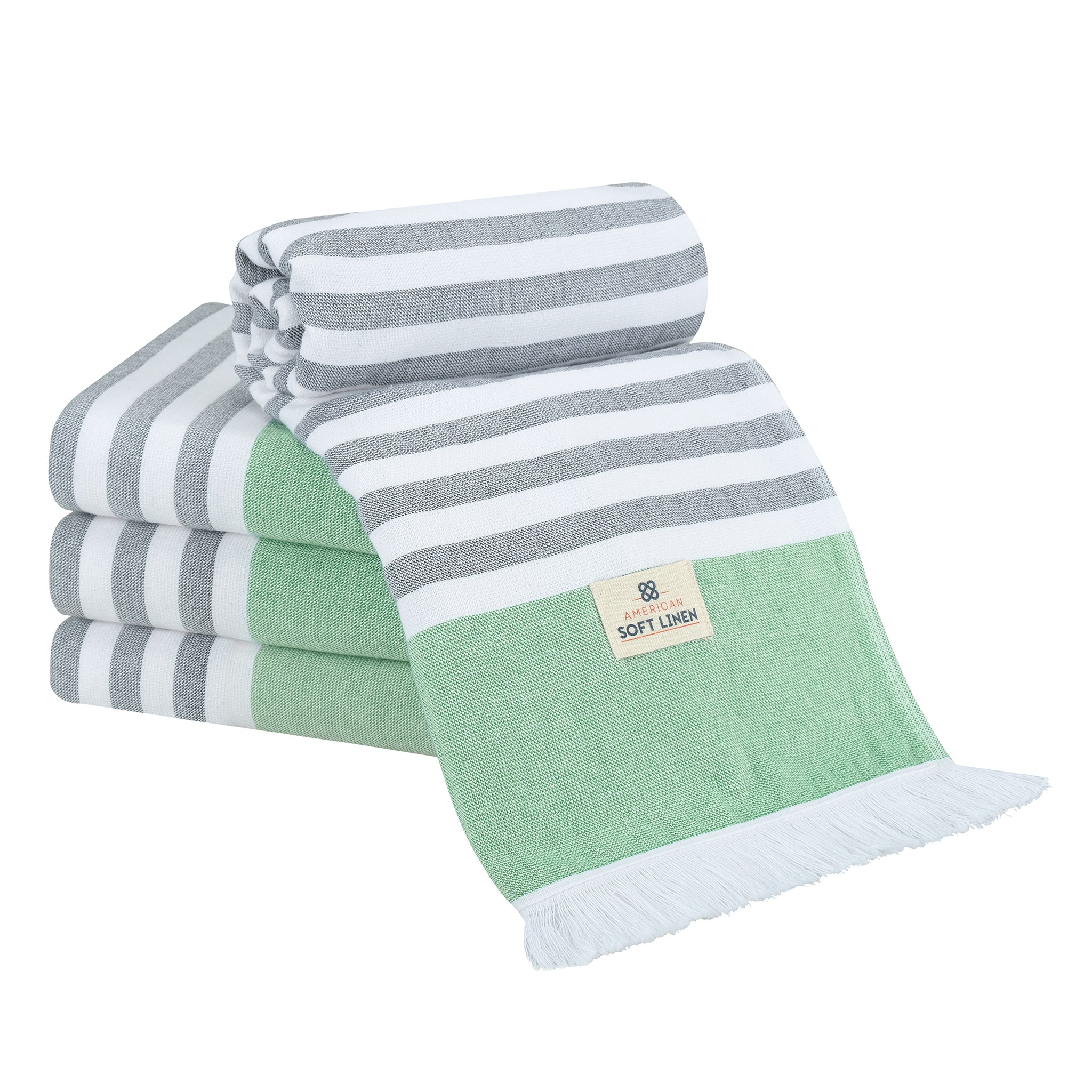 4 Packed Terry Peshtemal and Beach Towel, Mediterranean 100% Cotton Turkish Towels, Premium Peshtemals, 35" x 60", Modern &amp; Traditional Turkish Bath Towels, Green 1