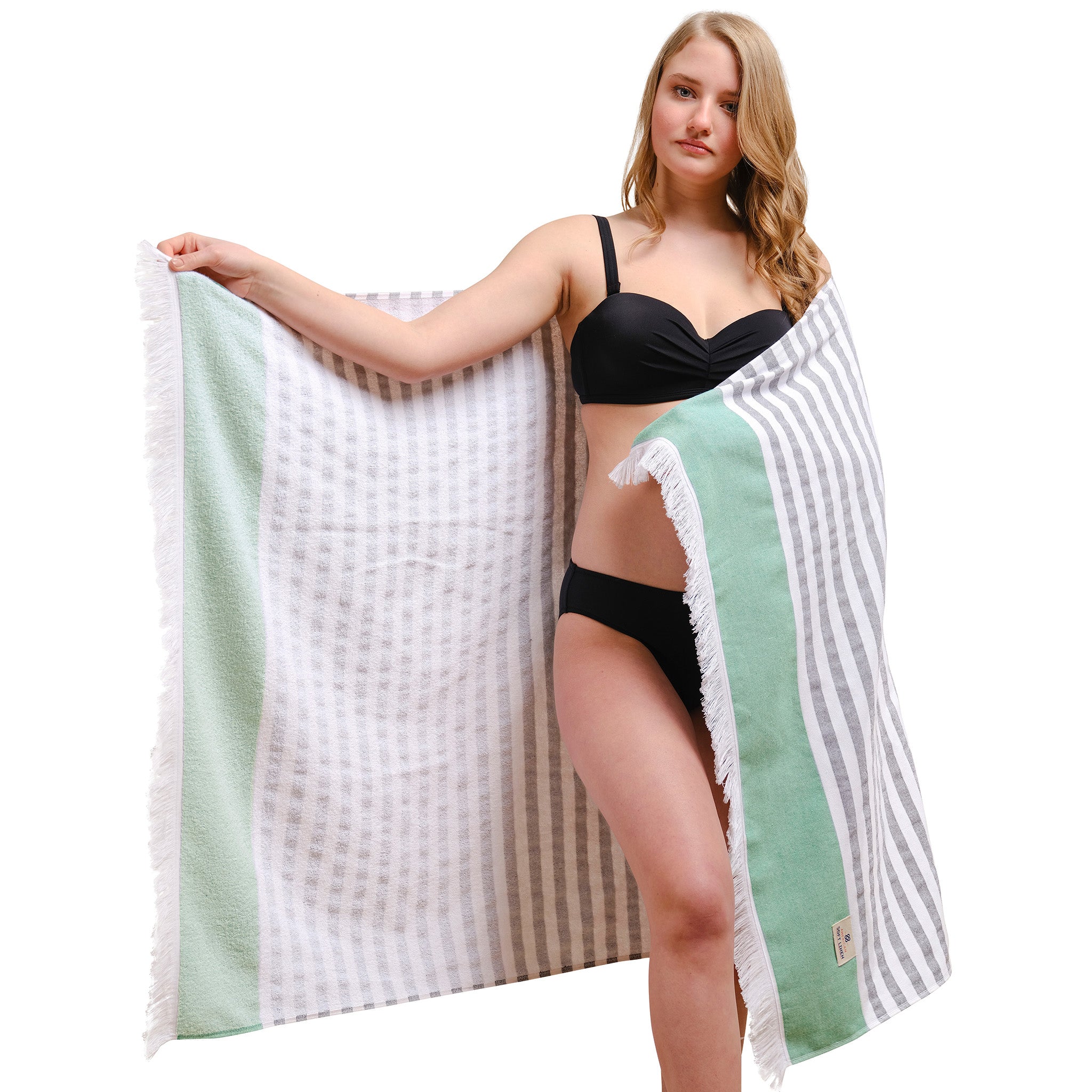 4 Packed Terry Peshtemal and Beach Towel, Mediterranean 100% Cotton Turkish Towels, Premium Peshtemals, 35" x 60", Modern &amp; Traditional Turkish Bath Towels, Green 2