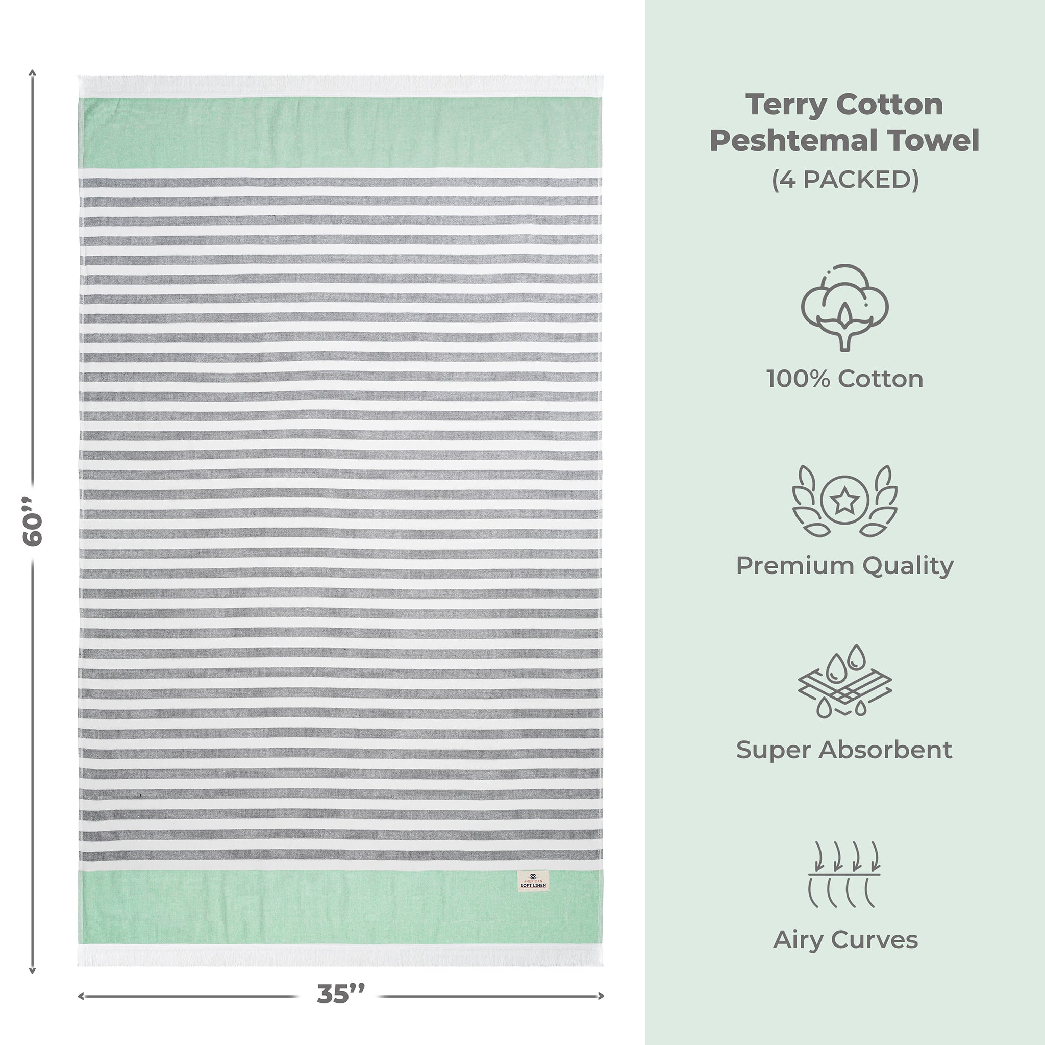 4 Packed Terry Peshtemal and Beach Towel, Mediterranean 100% Cotton Turkish Towels, Premium Peshtemals, 35" x 60", Modern &amp; Traditional Turkish Bath Towels, Green 4