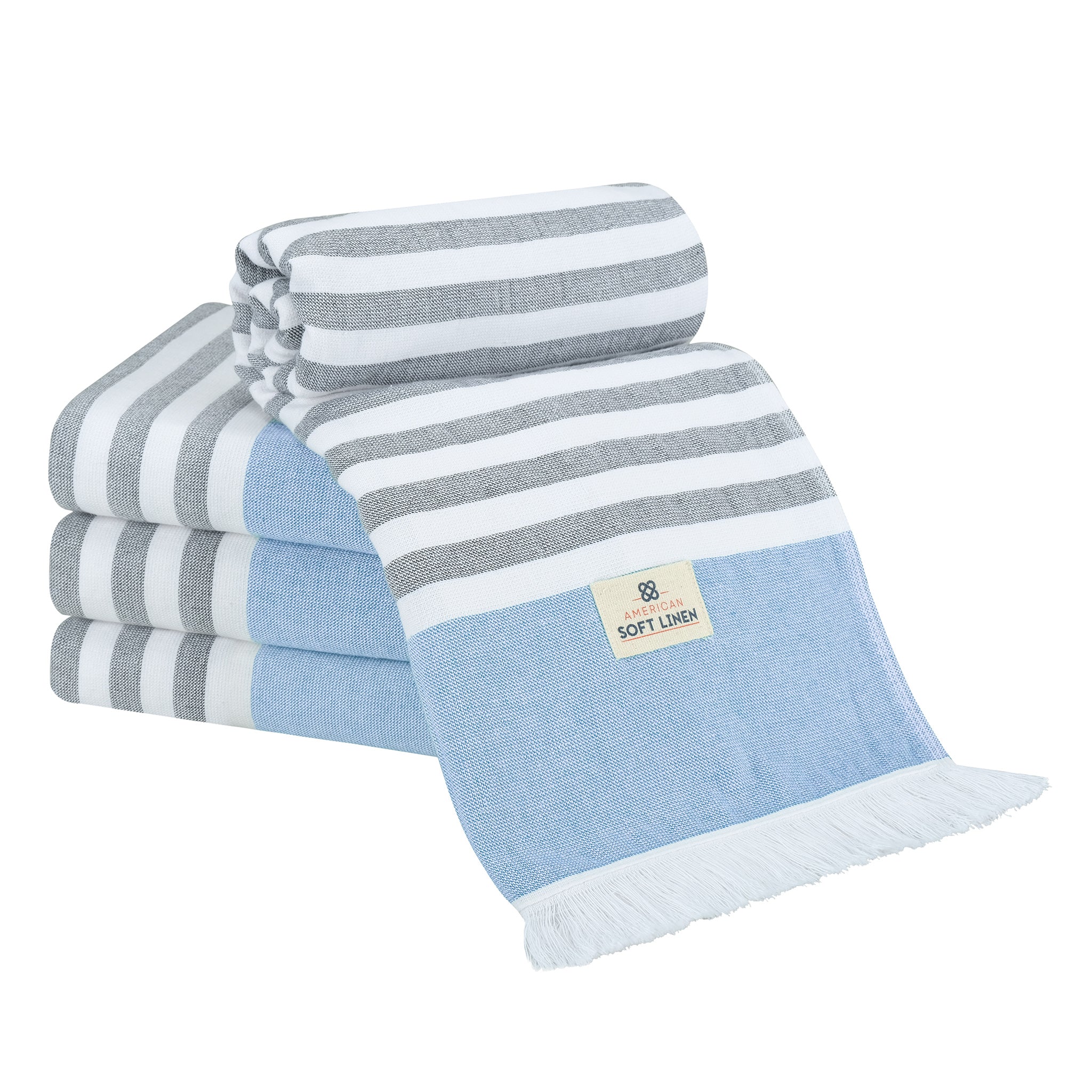 4 Packed Terry Peshtemal and Beach Towel, Mediterranean 100% Cotton Turkish Towels, Premium Peshtemals, 35" x 60", Modern &amp; Traditional Turkish Bath Towels, Navy Blue 1