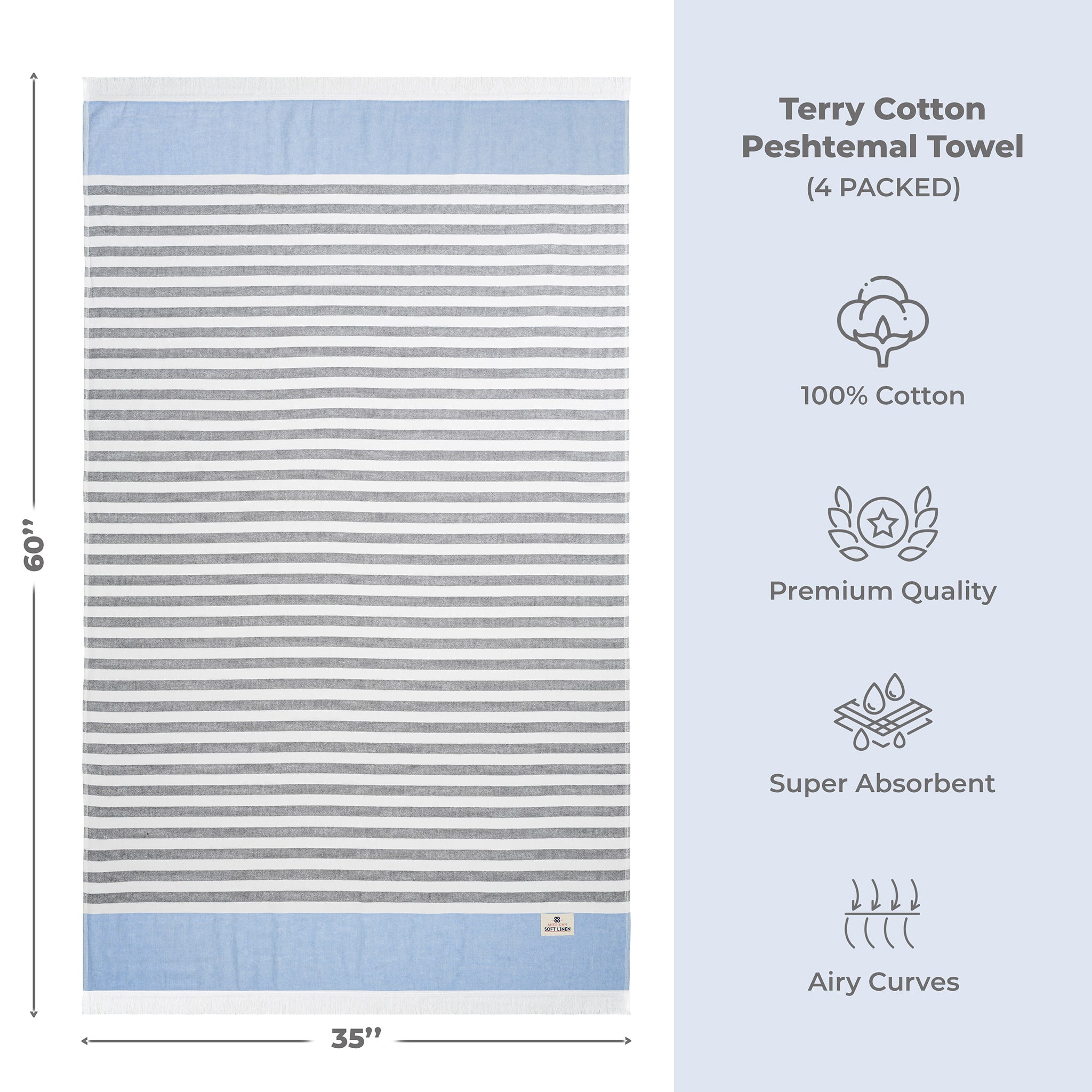 4 Packed Terry Peshtemal and Beach Towel, Mediterranean 100% Cotton Turkish Towels, Premium Peshtemals, 35" x 60", Modern &amp; Traditional Turkish Bath Towels, Navy Blue 4