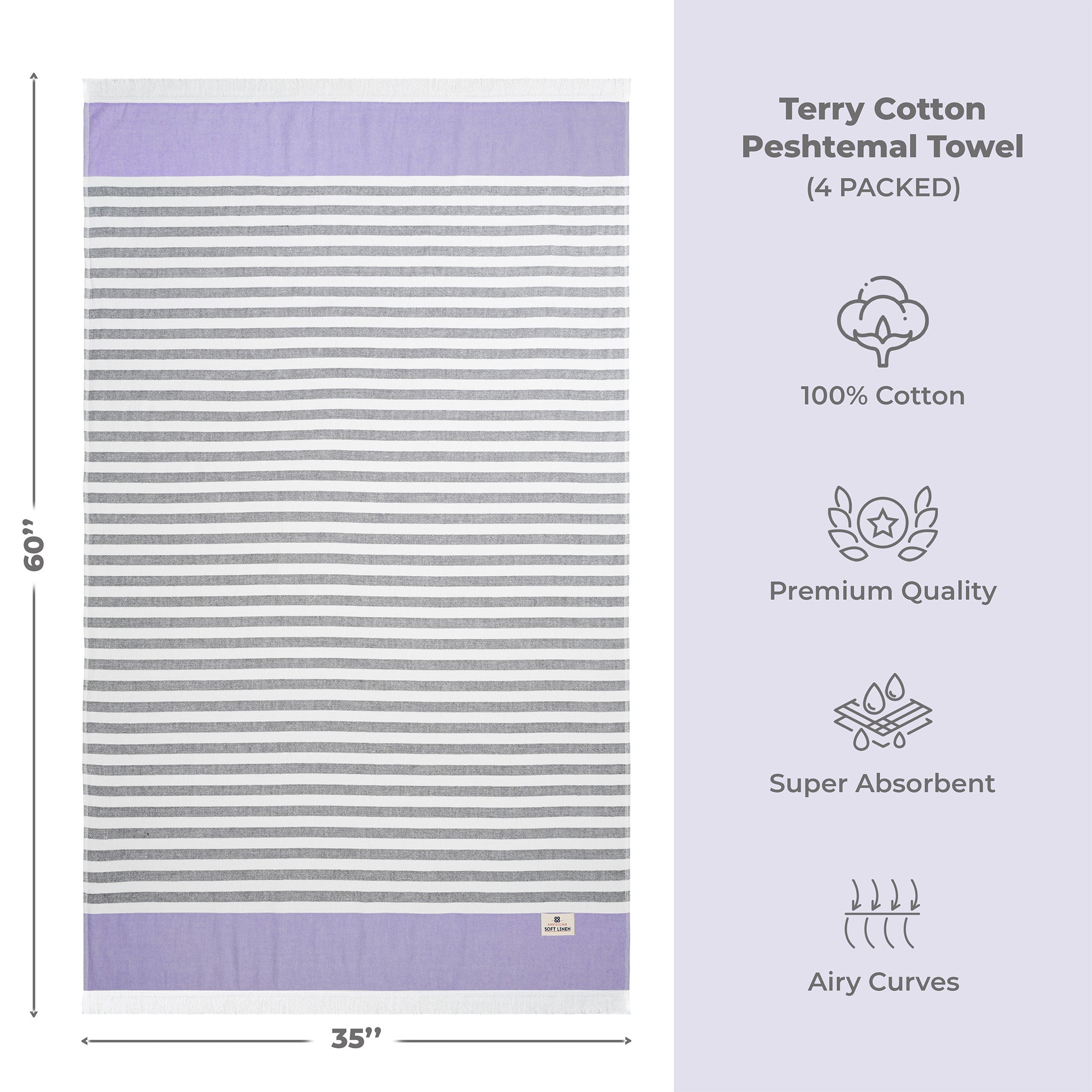 4 Packed 100% Cotton Terry Peshtemal & Beach Towel Purple-03