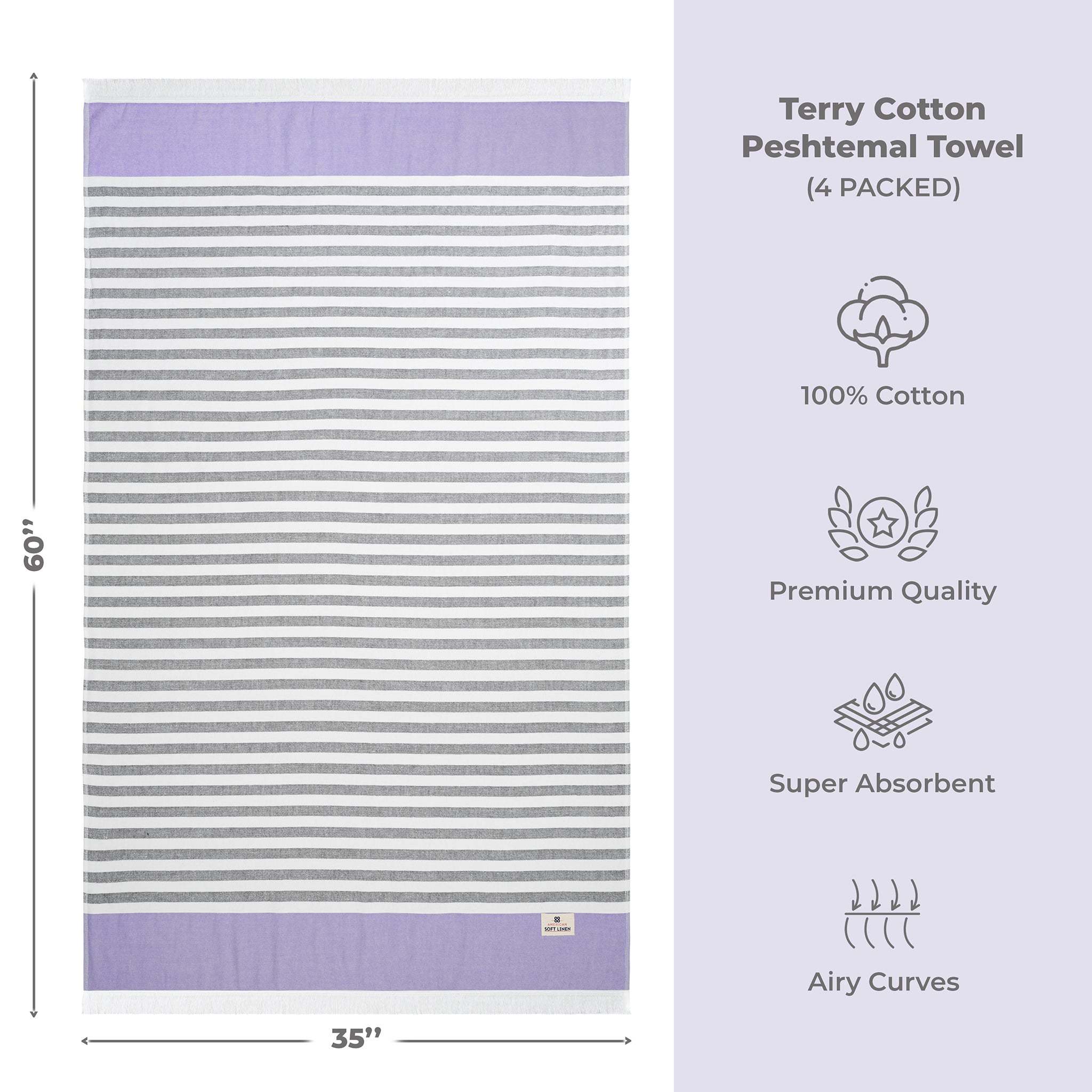 4 Packed Terry Peshtemal and Beach Towel, Mediterranean 100% Cotton Turkish Towels, Premium Peshtemals, 35" x 60", Modern &amp; Traditional Turkish Bath Towels, Purple 4