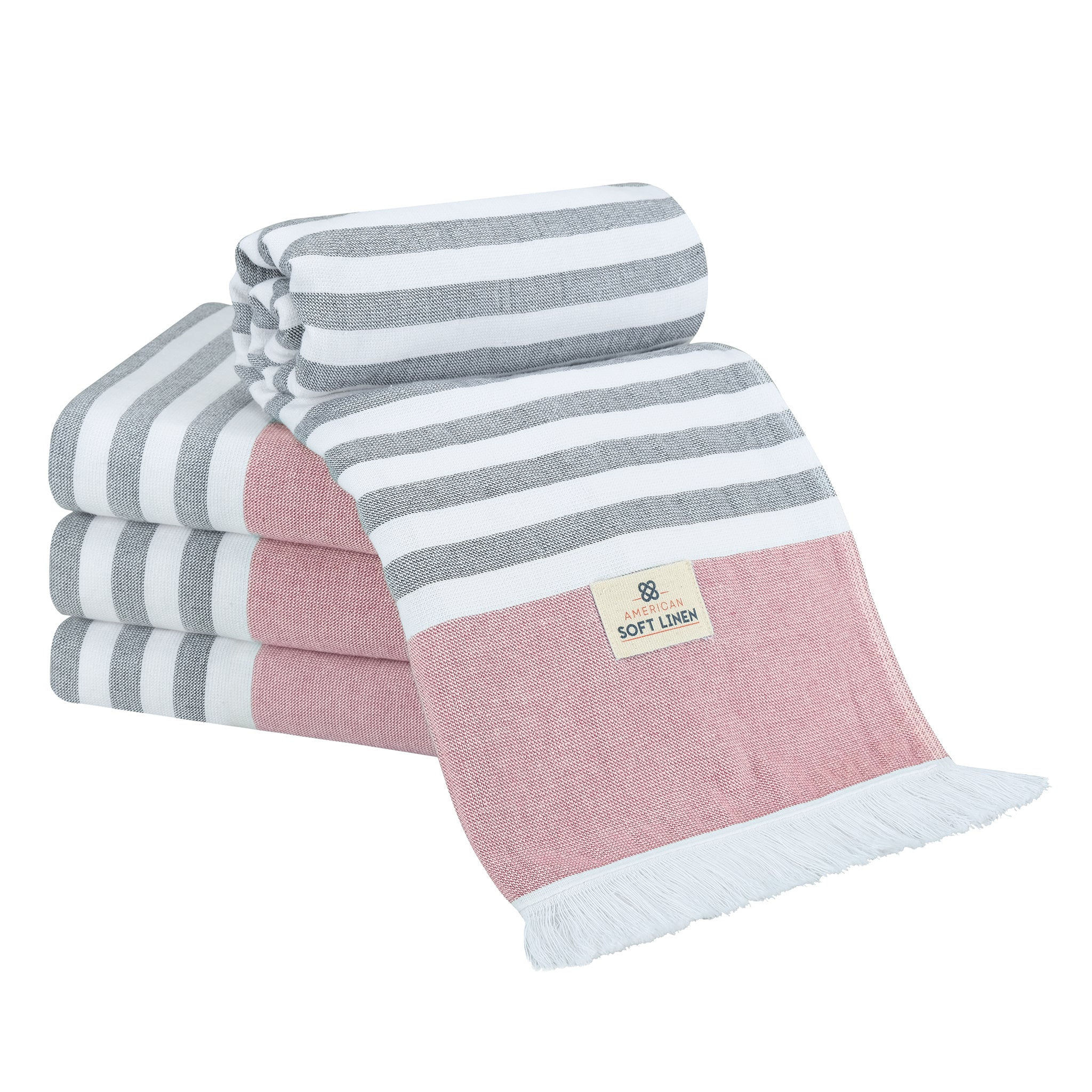 4 Packed Terry Peshtemal and Beach Towel, Mediterranean 100% Cotton Turkish Towels, Premium Peshtemals, 35" x 60", Modern &amp; Traditional Turkish Bath Towels, Rose 1