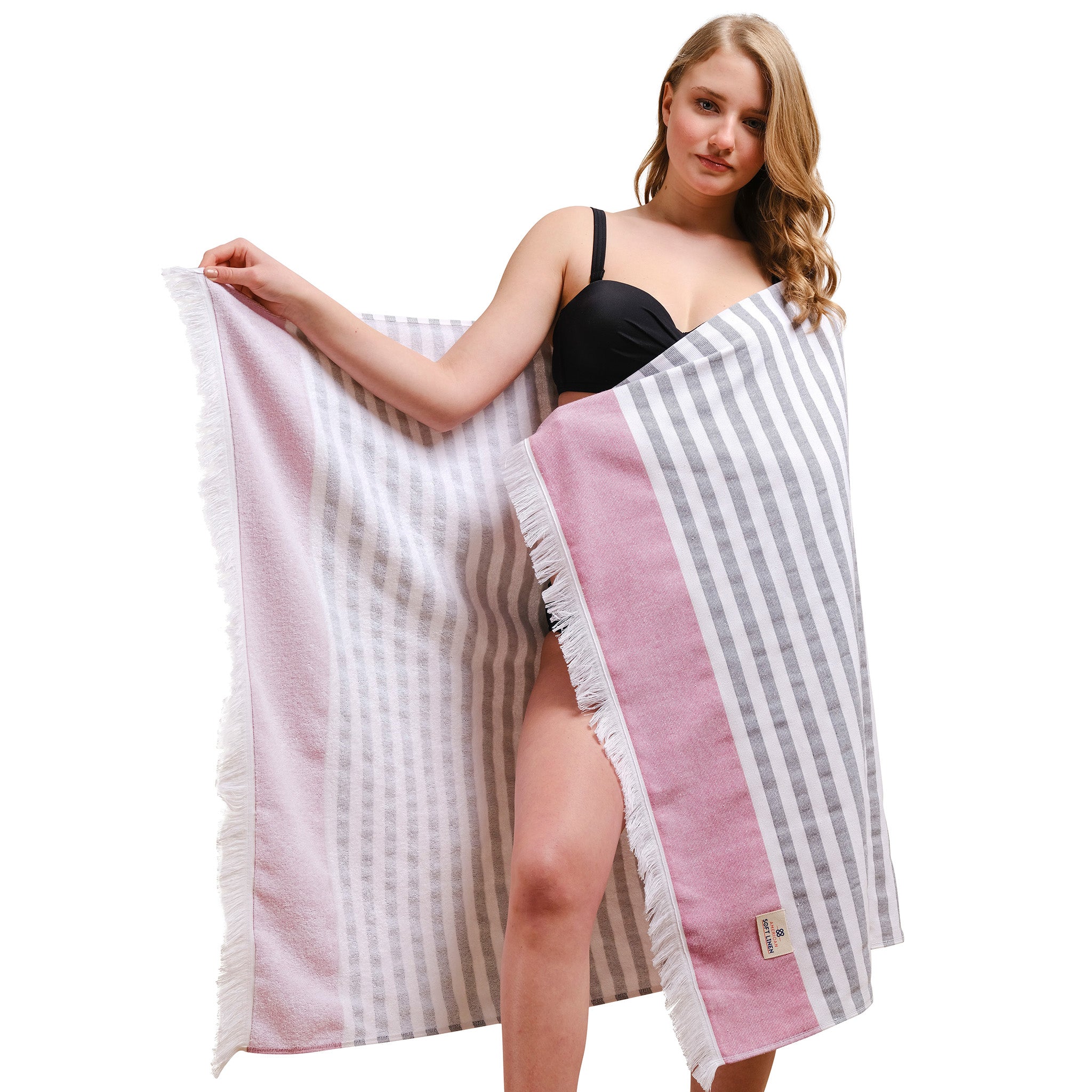 4 Packed Terry Peshtemal and Beach Towel, Mediterranean 100% Cotton Turkish Towels, Premium Peshtemals, 35" x 60", Modern &amp; Traditional Turkish Bath Towels, Rose 2