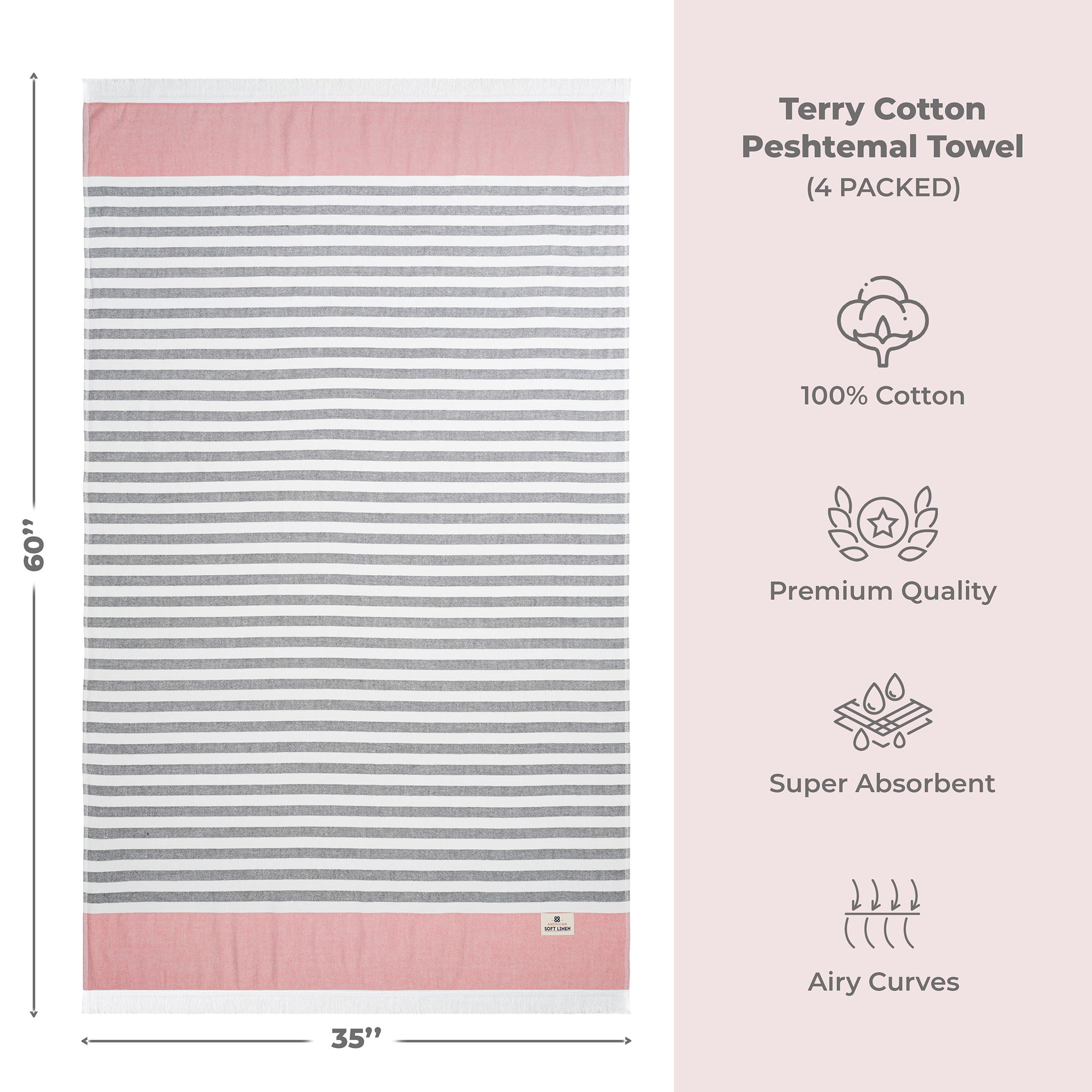 4 Packed Terry Peshtemal and Beach Towel, Mediterranean 100% Cotton Turkish Towels, Premium Peshtemals, 35" x 60", Modern &amp; Traditional Turkish Bath Towels, Rose 4