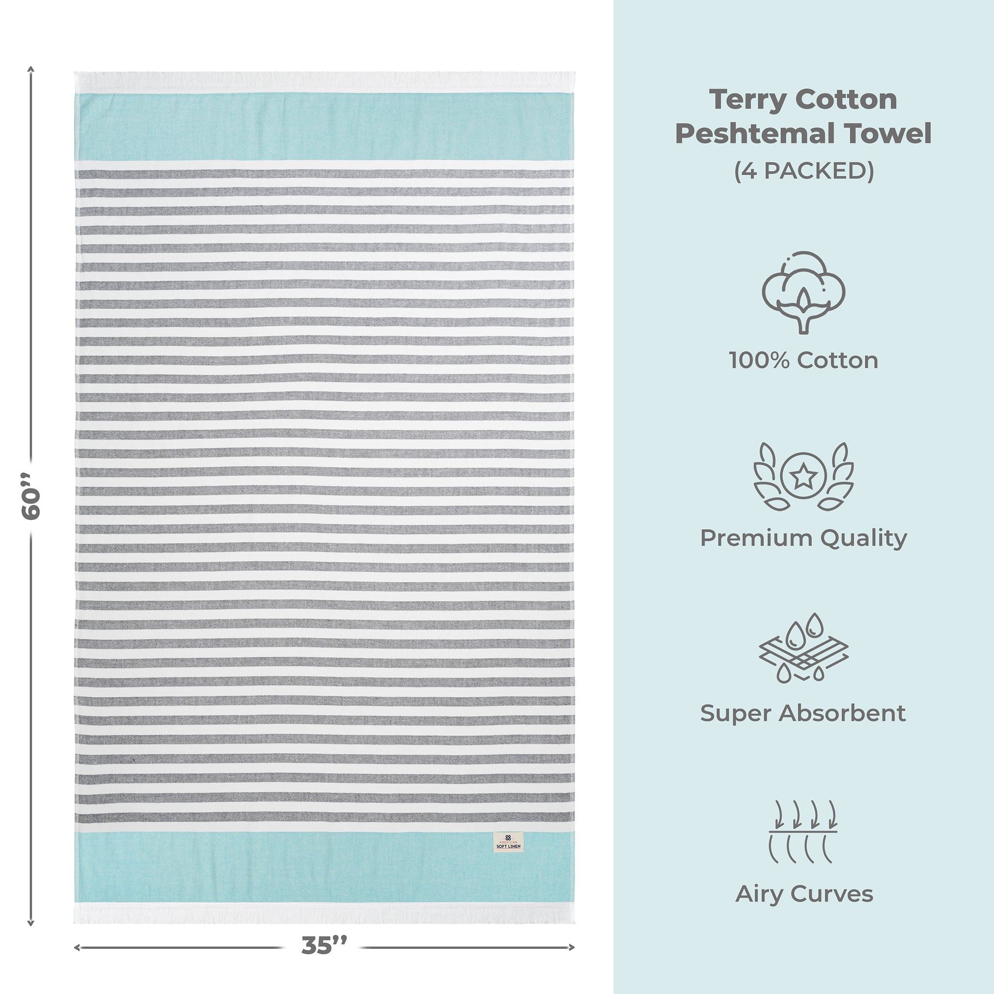4 Packed Terry Peshtemal and Beach Towel, Mediterranean 100% Cotton Turkish Towels, Premium Peshtemals, 35" x 60", Modern &amp; Traditional Turkish Bath Towels, Sky Blue 4