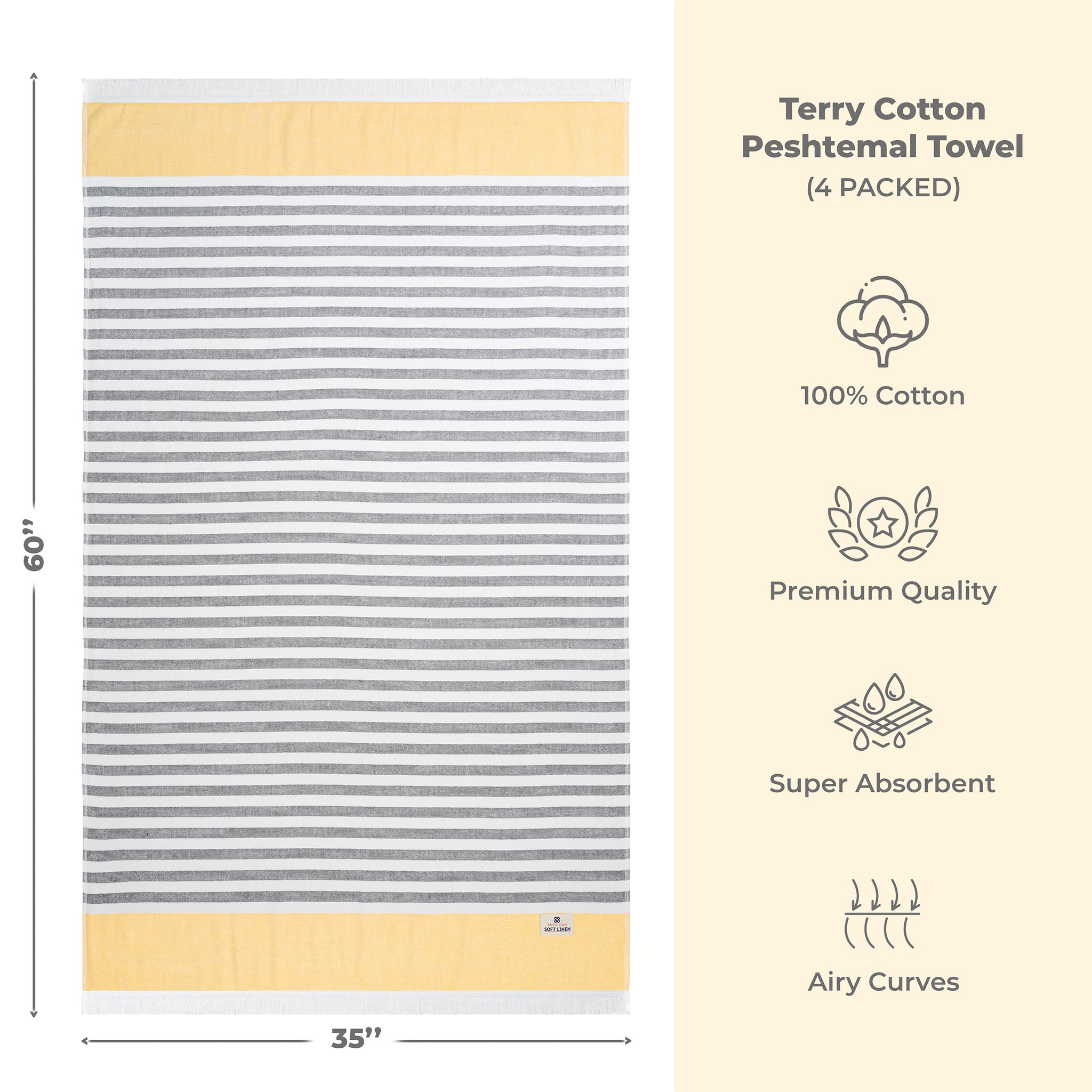 4 Packed 100% Cotton Terry Peshtemal & Beach Towel Yellow-03