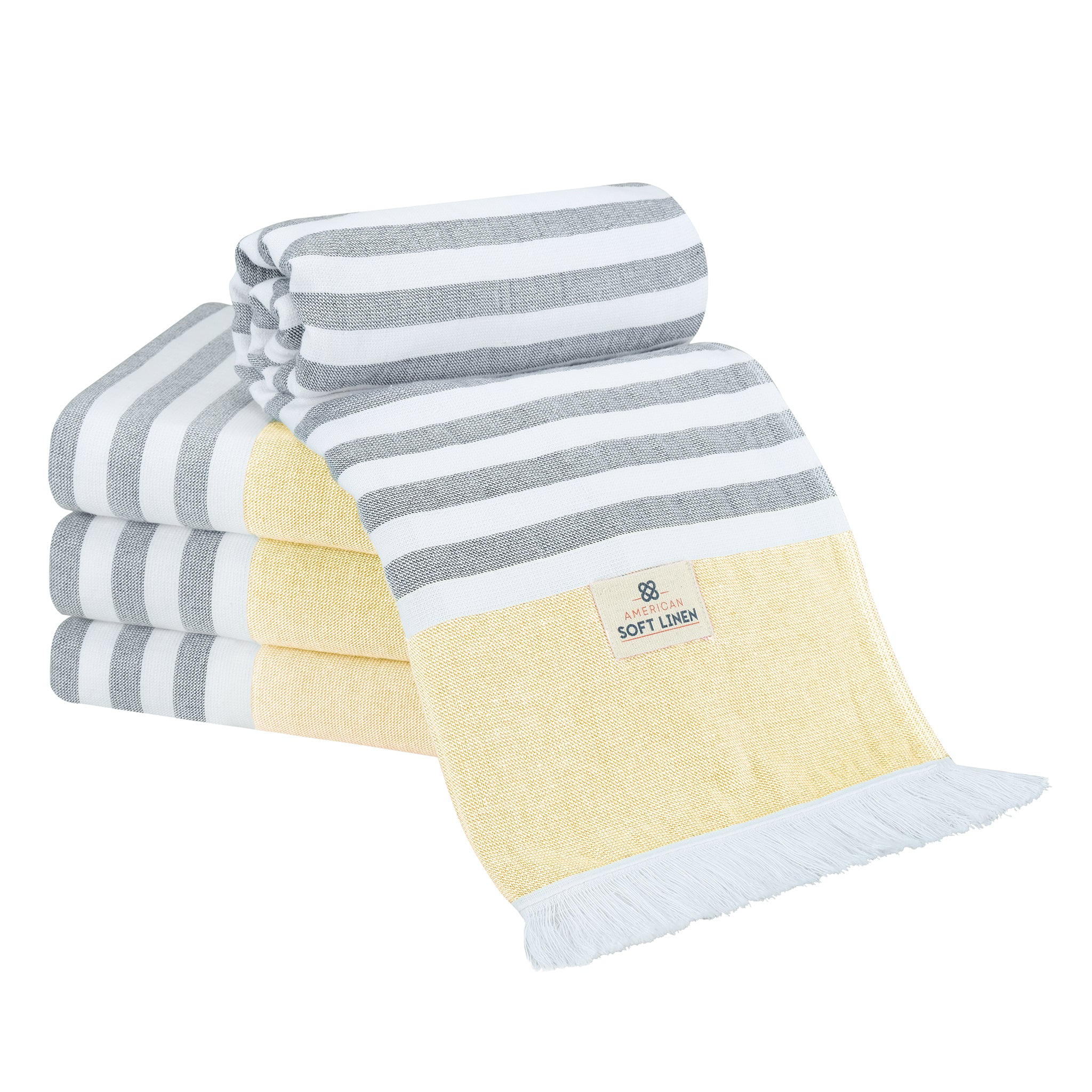 4 Packed Terry Peshtemal and Beach Towel, Mediterranean 100% Cotton Turkish Towels, Premium Peshtemals, 35" x 60", Modern &amp; Traditional Turkish Bath Towels, Yellow 1