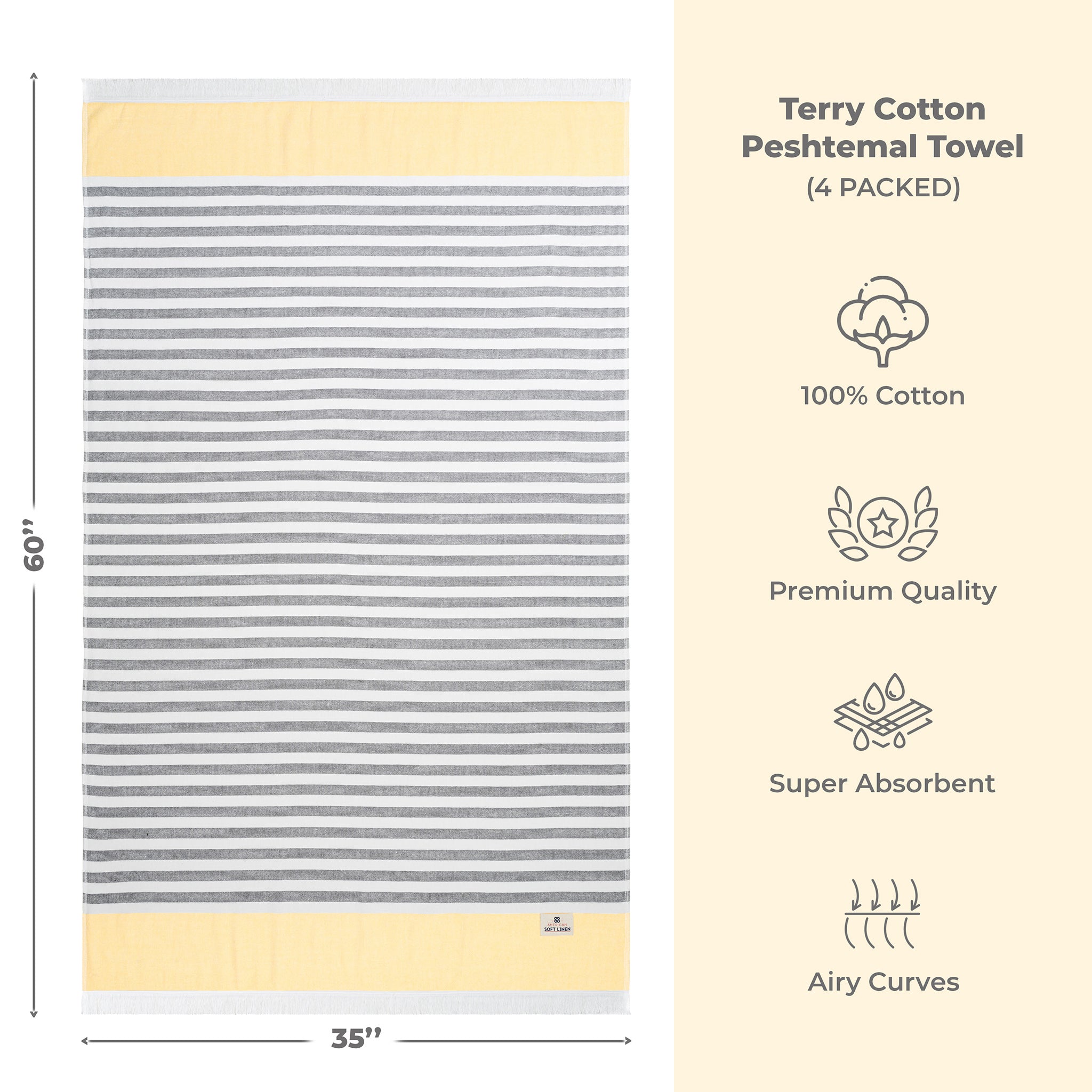 4 Packed Terry Peshtemal and Beach Towel, Mediterranean 100% Cotton Turkish Towels, Premium Peshtemals, 35" x 60", Modern &amp; Traditional Turkish Bath Towels, Yellow 4