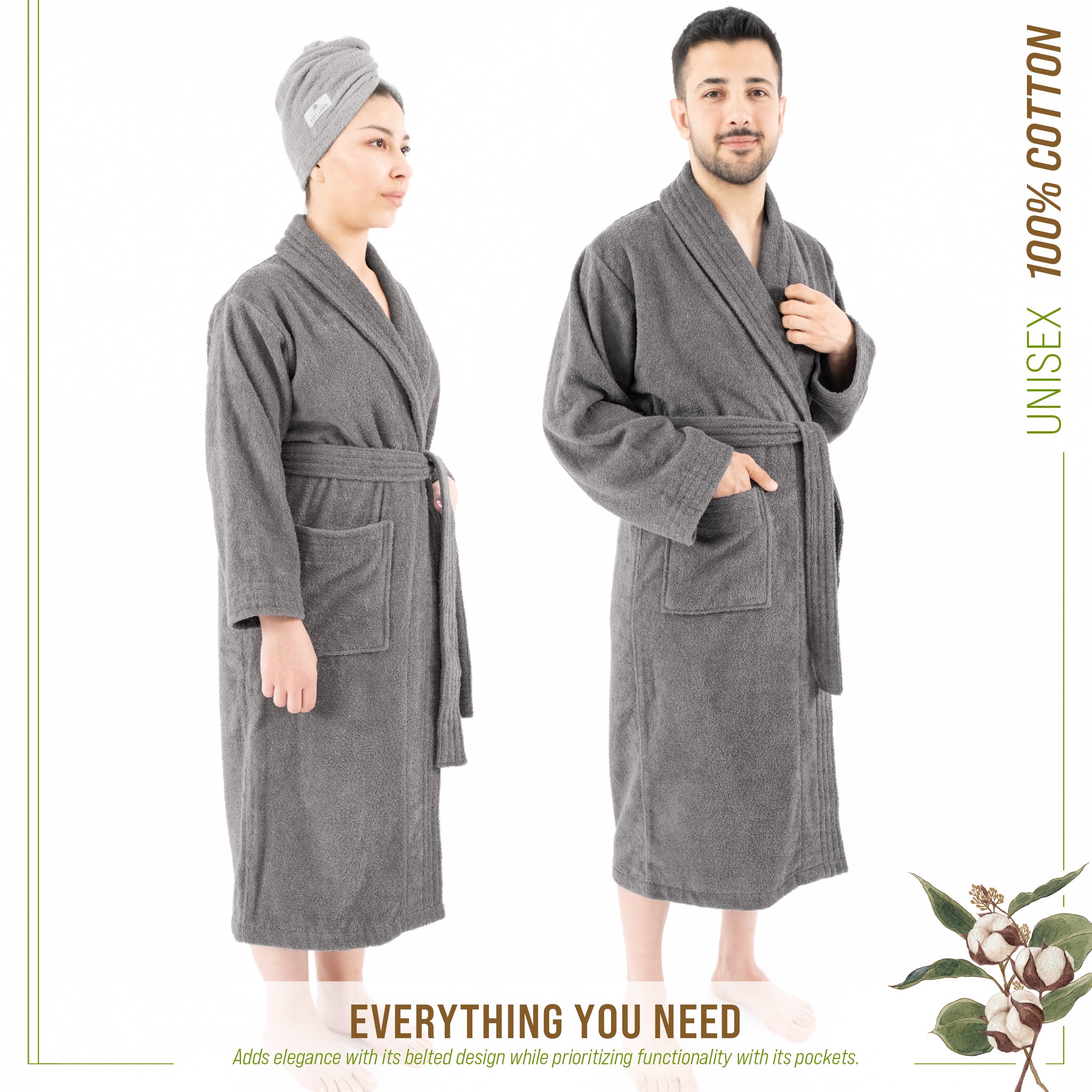 American Soft Linen 100% Cotton Bathrobes for Women and Men, Soft, Lightweight, Gray L-XL, 2