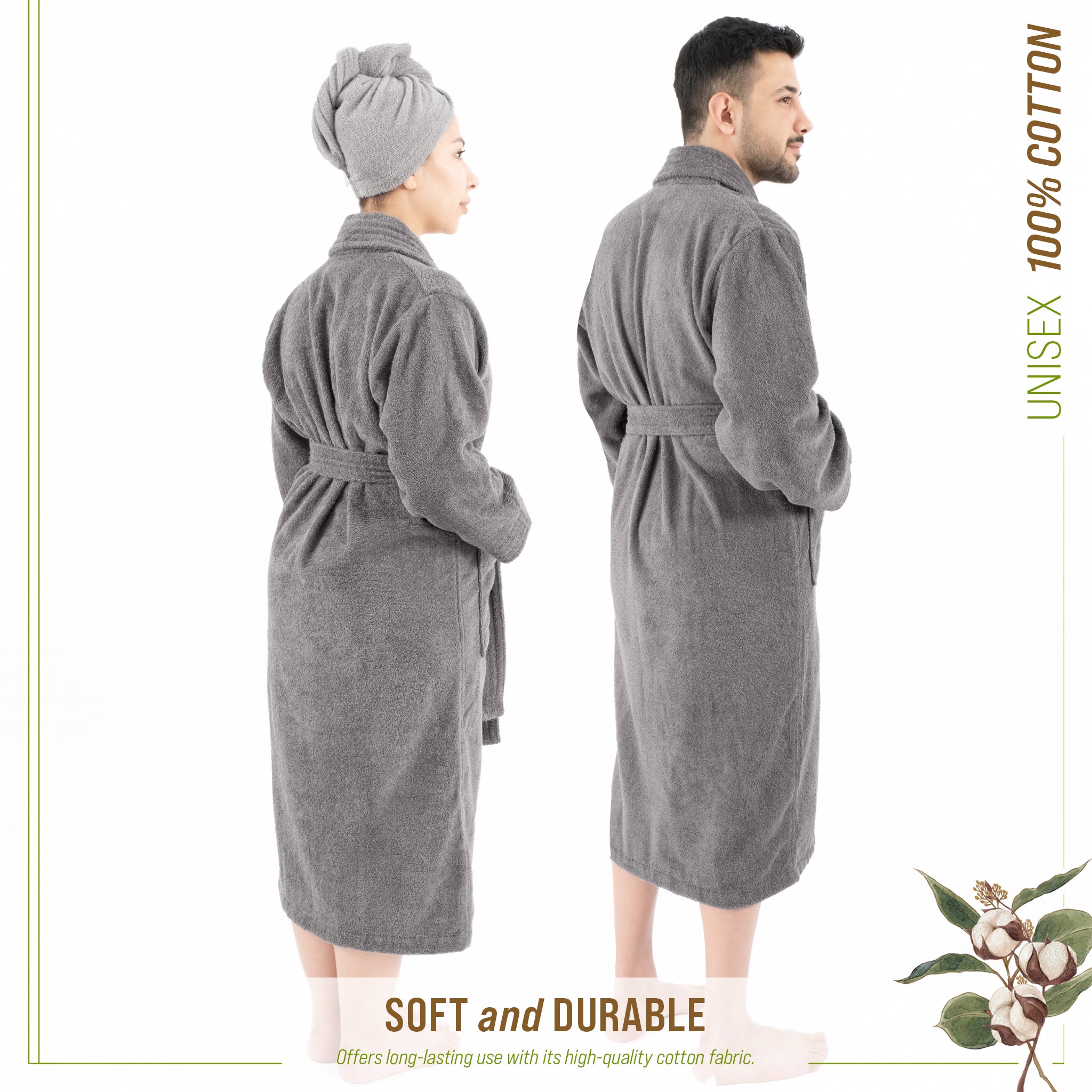 American Soft Linen 100% Cotton Bathrobes for Women and Men, Soft, Lightweight, Gray L-XL, 4