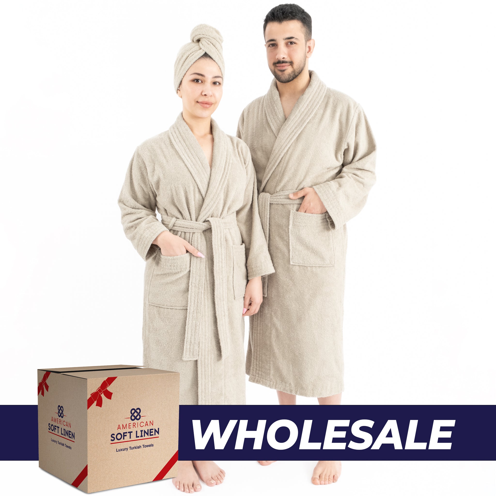 American Soft Linen 100% Cotton Bathrobes for Women and Men, Soft, Lightweight, Wholesale Bathrobes Beige L-XL, 0