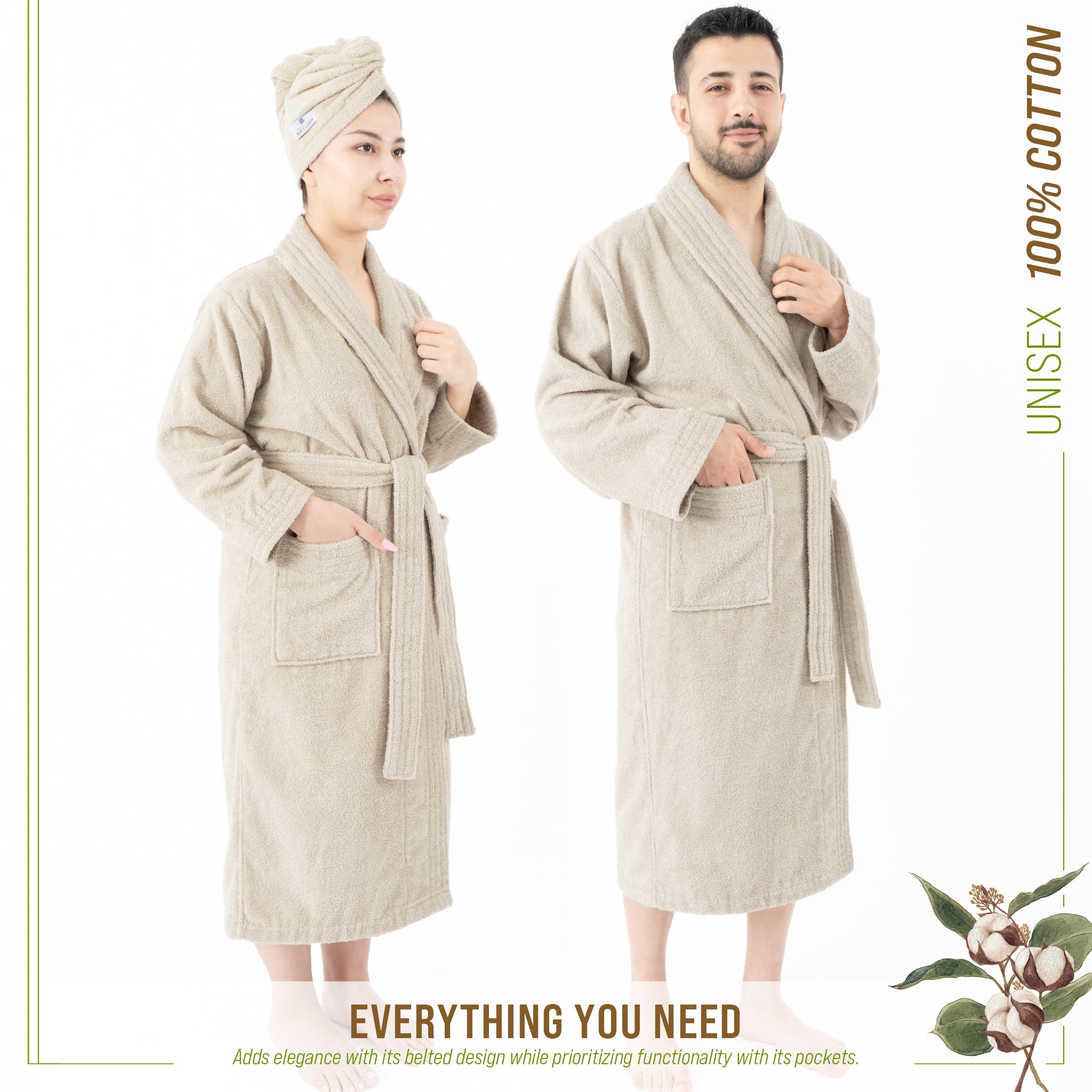 American Soft Linen 100% Cotton Bathrobes for Women and Men, Soft, Lightweight, Wholesale Bathrobes Beige L-XL, 2