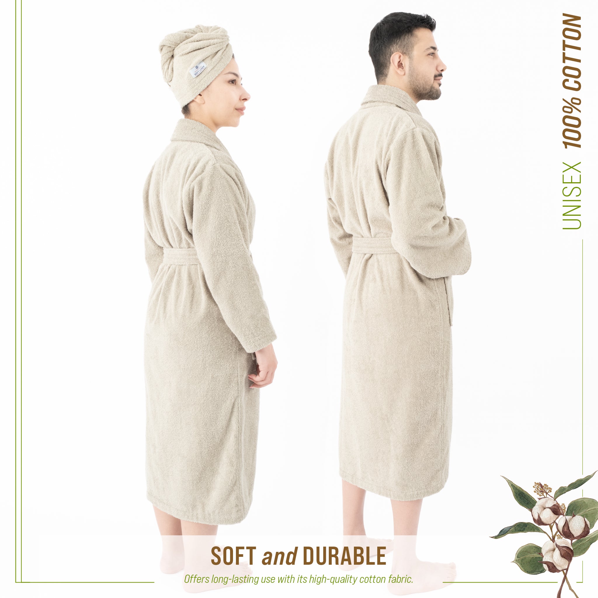 American Soft Linen 100% Cotton Bathrobes for Women and Men, Soft, Lightweight, Wholesale Bathrobes Beige L-XL, 4