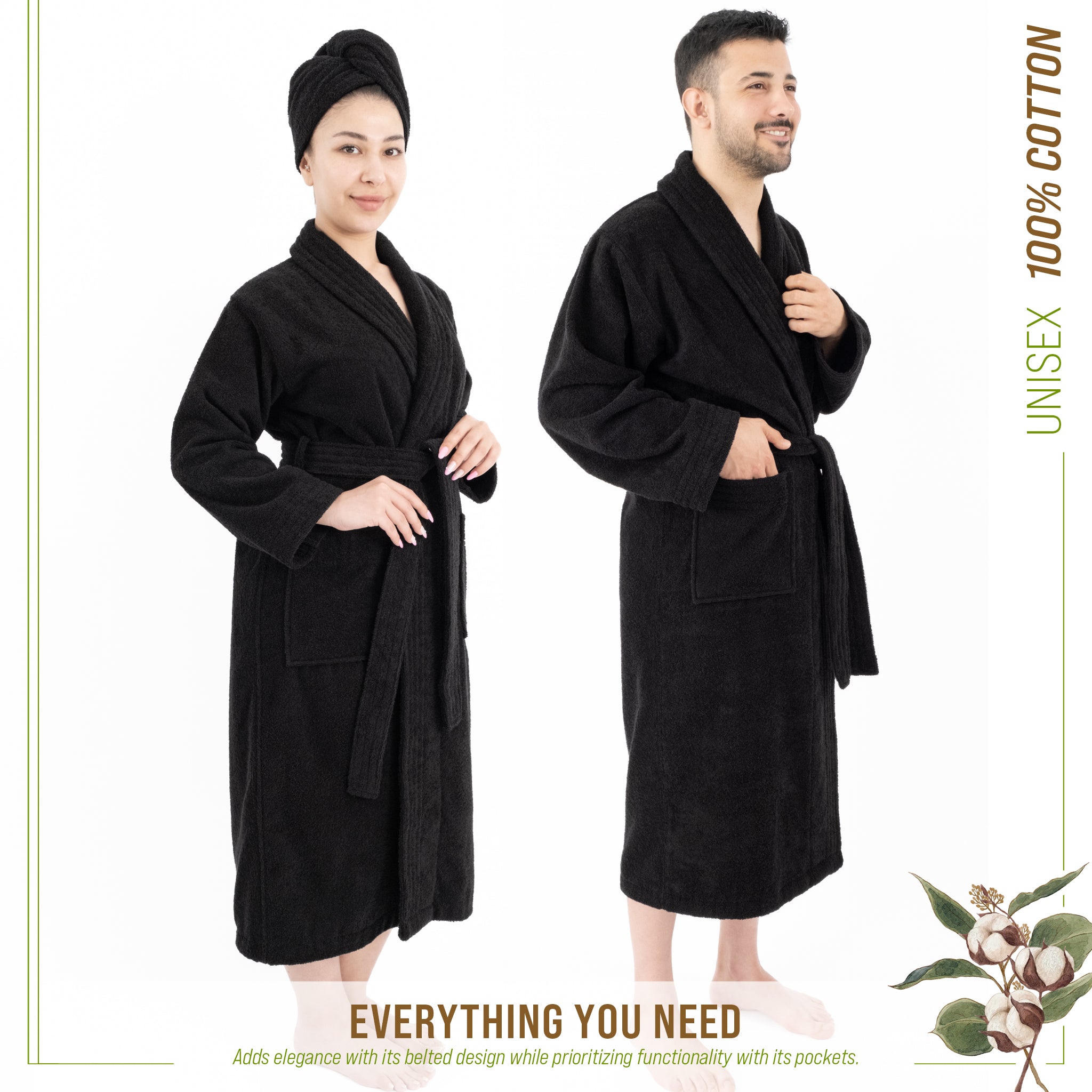 American Soft Linen 100% Cotton Bathrobes for Women and Men, Soft, Lightweight, Black L-XL, 2