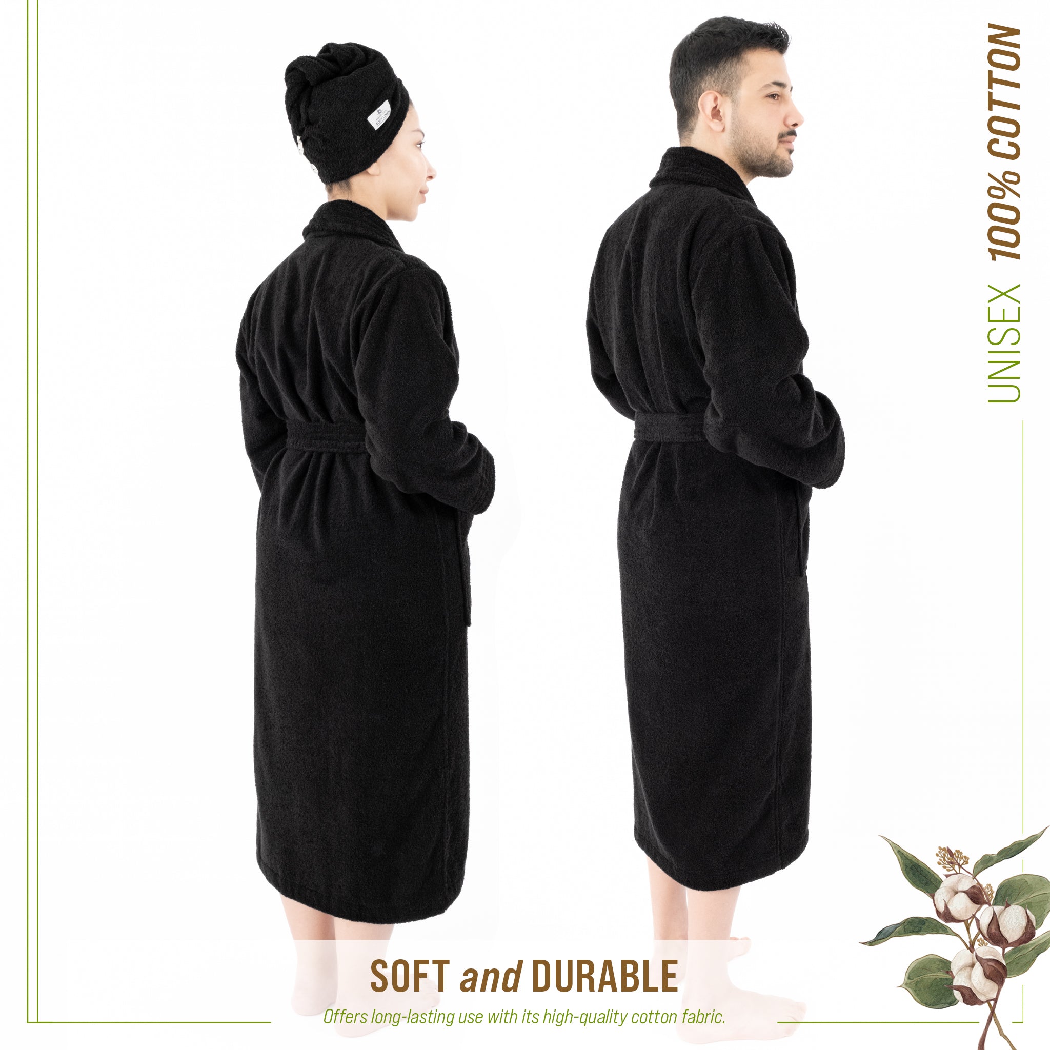 American Soft Linen 100% Cotton Bathrobes for Women and Men, Soft, Lightweight, Black L-XL, 4