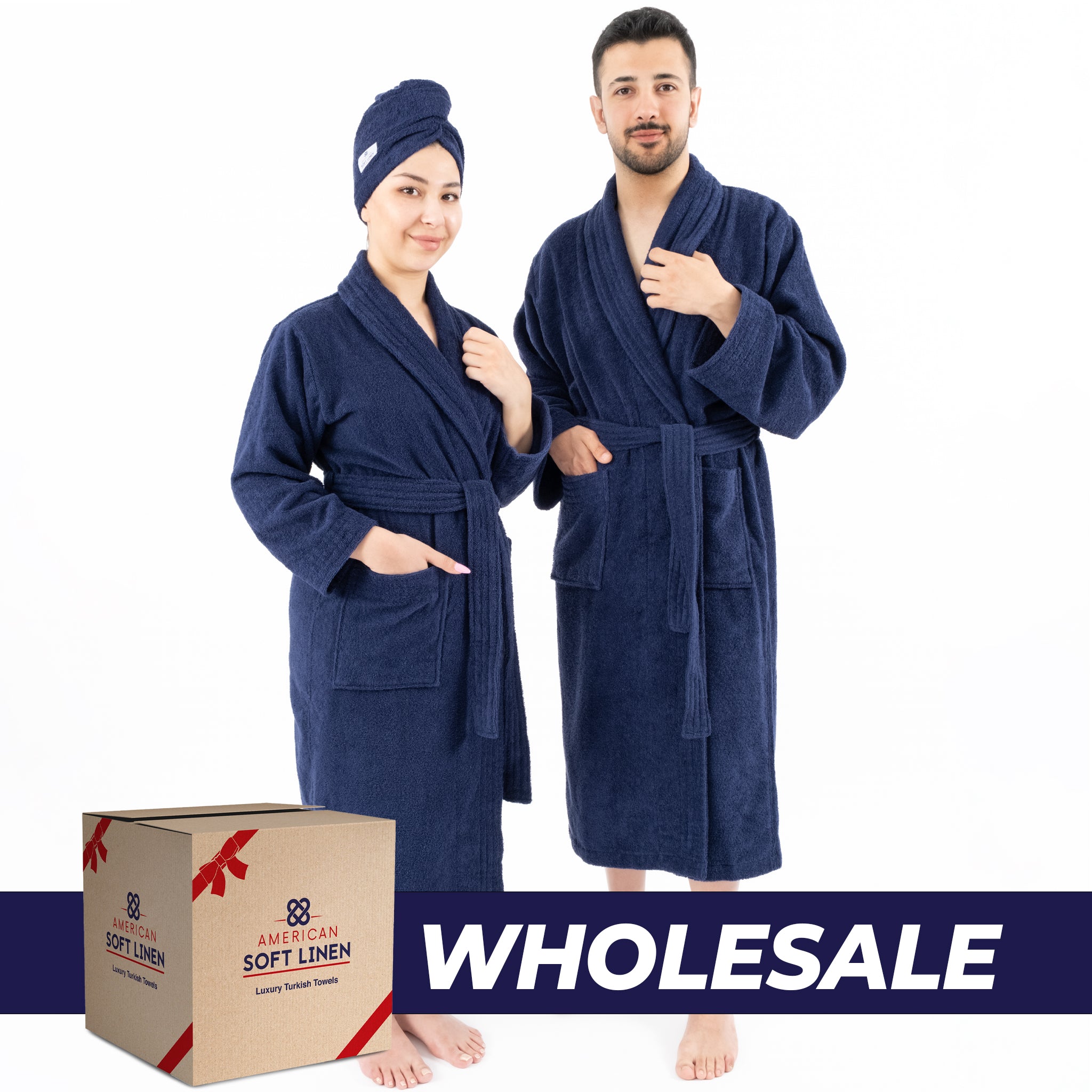 American Soft Linen 100% Cotton Bathrobes for Women and Men, Soft, Lightweight, Wholesale Bathrobes Navy-Blue L-XL, 0