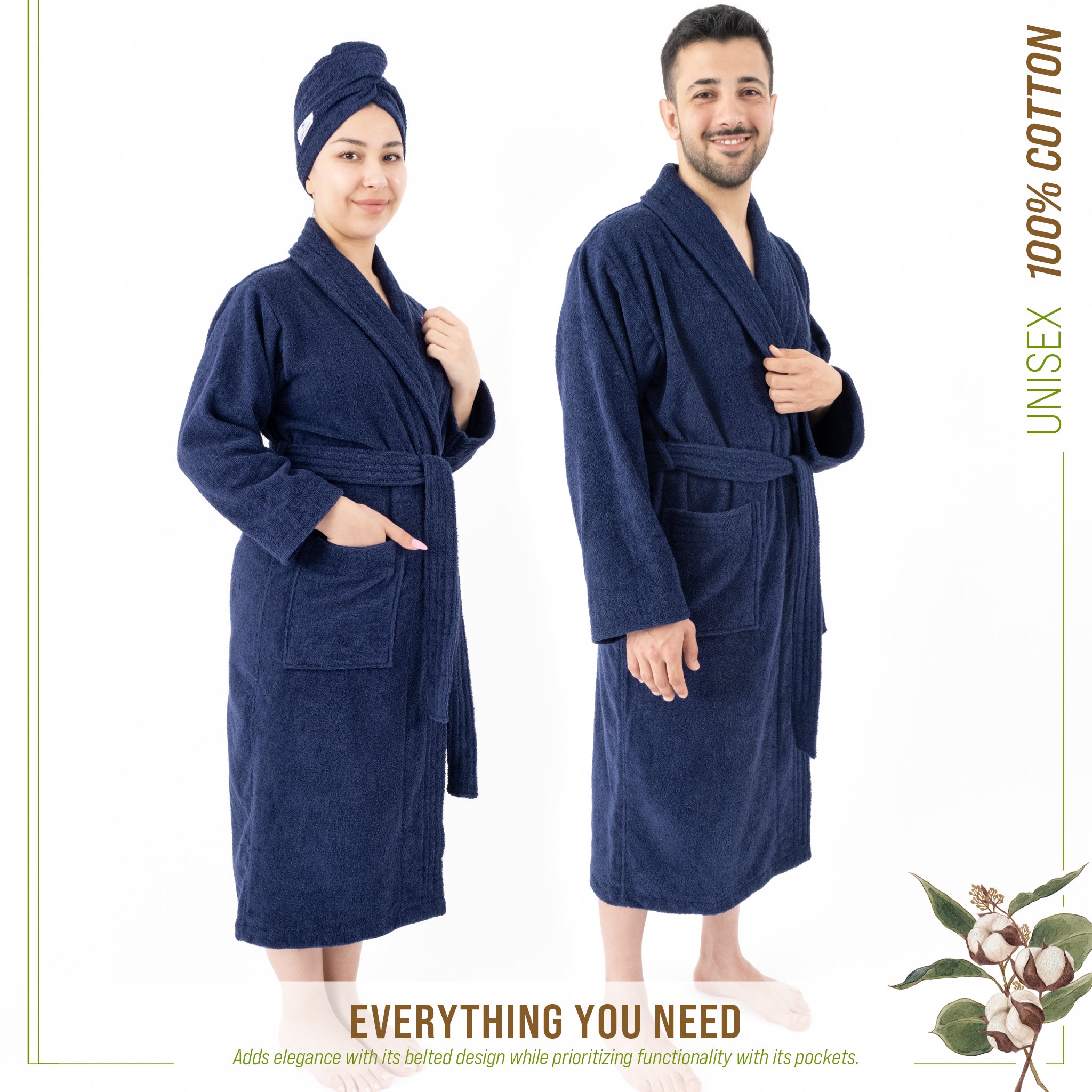 American Soft Linen 100% Cotton Bathrobes for Women and Men, Soft, Lightweight, Wholesale Bathrobes Navy-Blue L-XL, 2