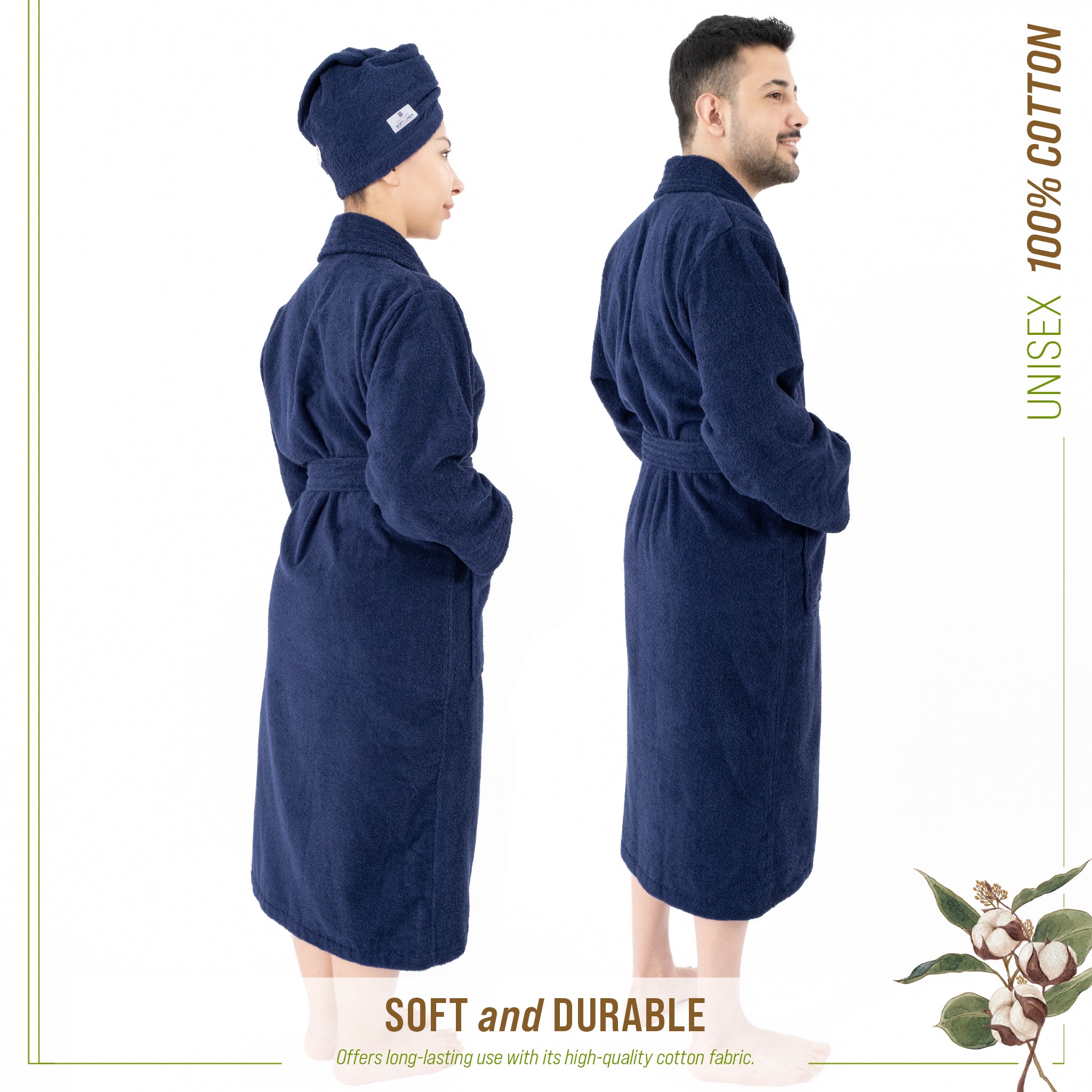 American Soft Linen 100% Cotton Bathrobes for Women and Men, Soft, Lightweight, Wholesale Bathrobes Navy-Blue L-XL, 4