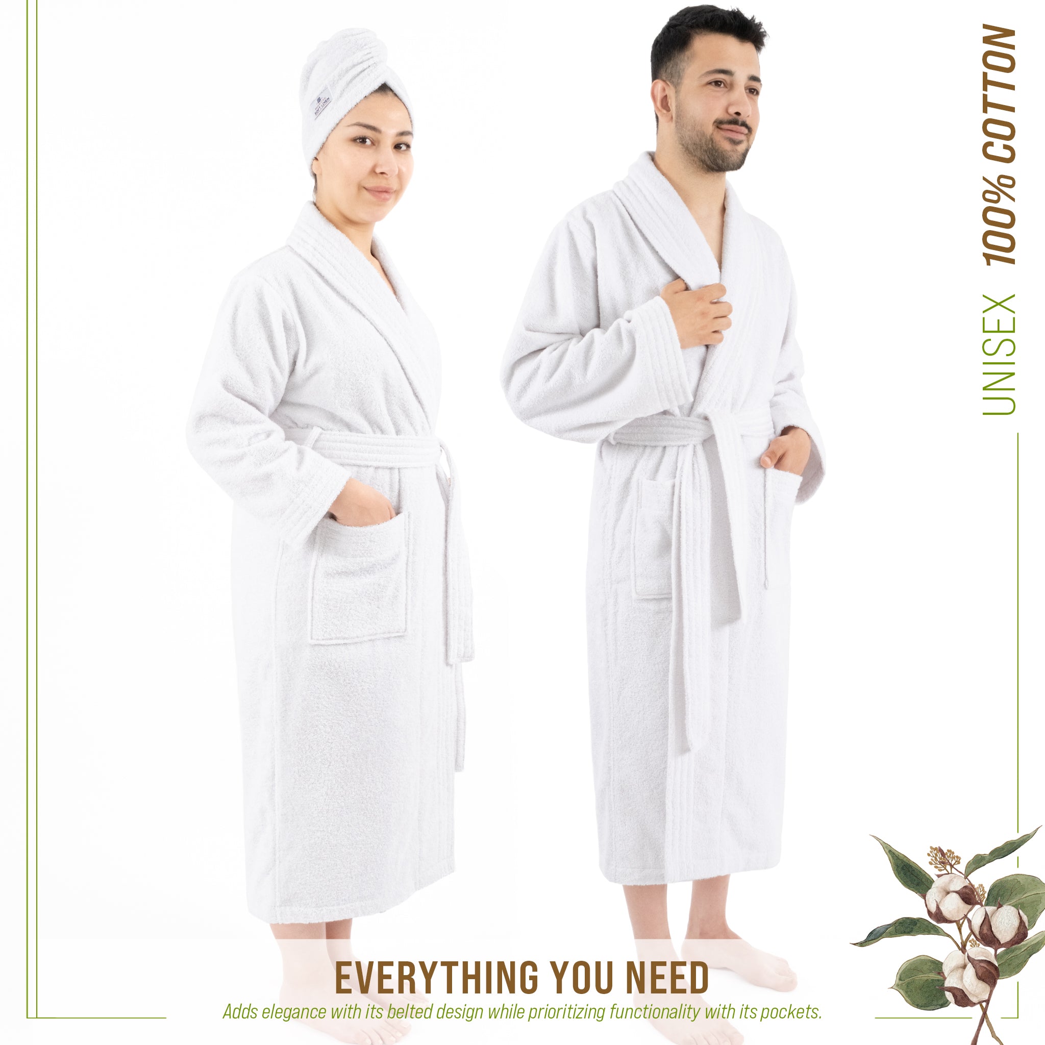 American Soft Linen 100% Cotton Bathrobes for Women and Men, Soft, Lightweight, Wholesale Bathrobes White L-XL, 2