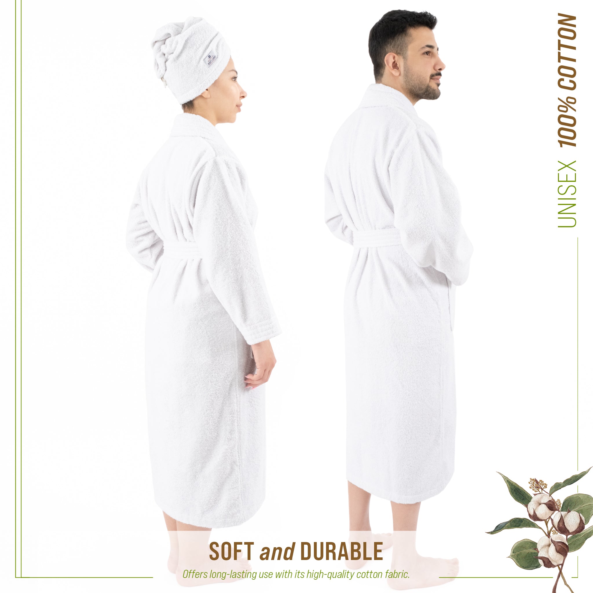 American Soft Linen 100% Cotton Bathrobes for Women and Men, Soft, Lightweight, Wholesale Bathrobes White L-XL, 4