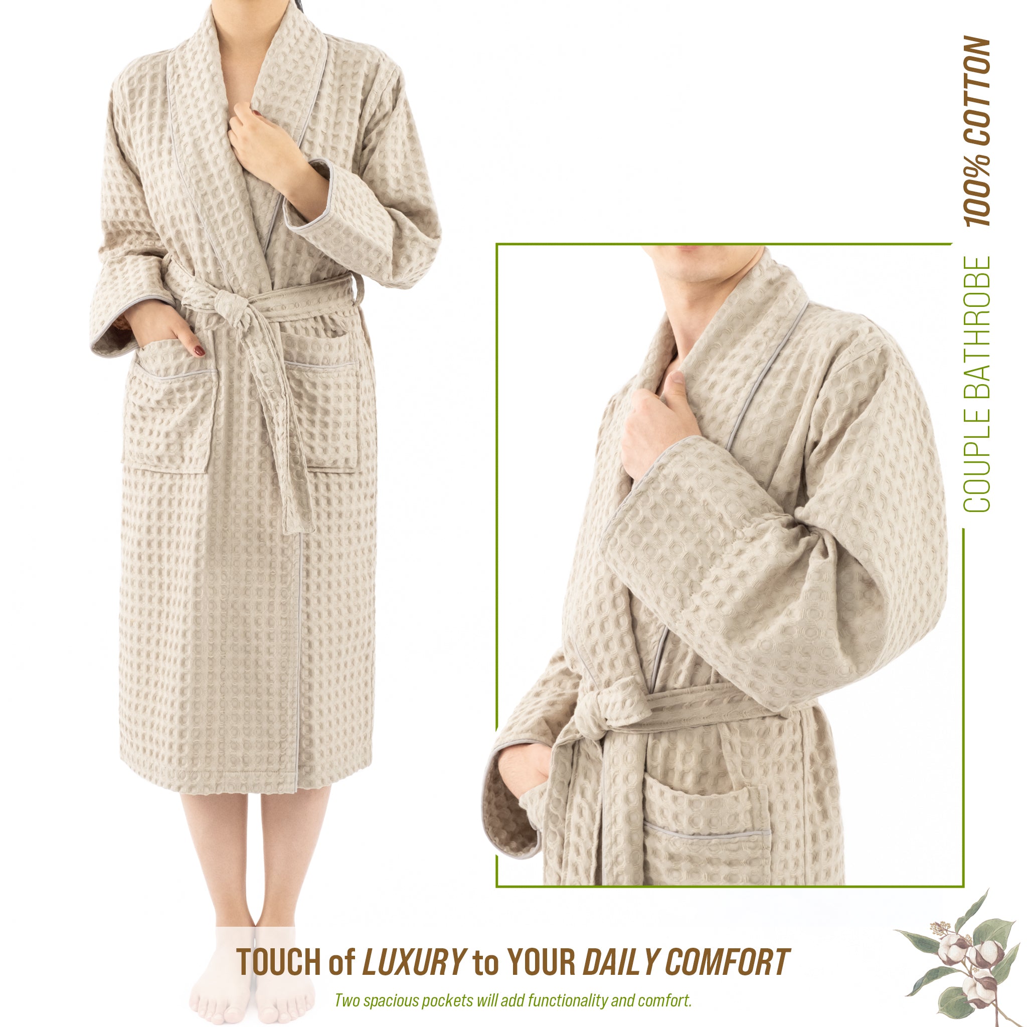 American Soft Linen 100% Cotton Waffle Robes for Women and Men, Unisex Waffle Kimono Lounging Bathrobe, 1 Piece Waffle Robe for Couples After Shower