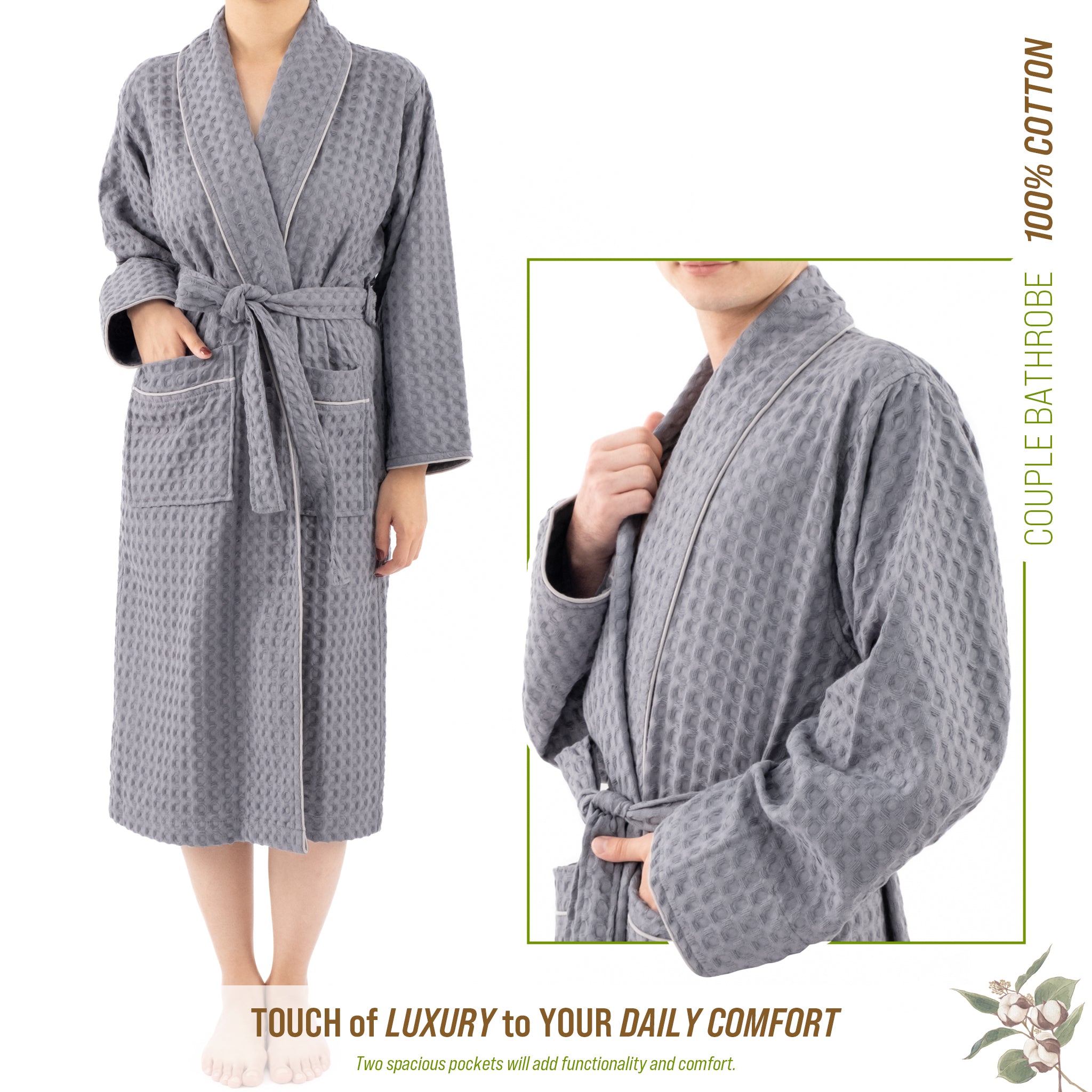 American Soft Linen 100% Cotton Waffle Robes for Women and Men, Unisex Waffle Kimono Lounging Bathrobe, 1 Piece Waffle Robe for Couples After Shower