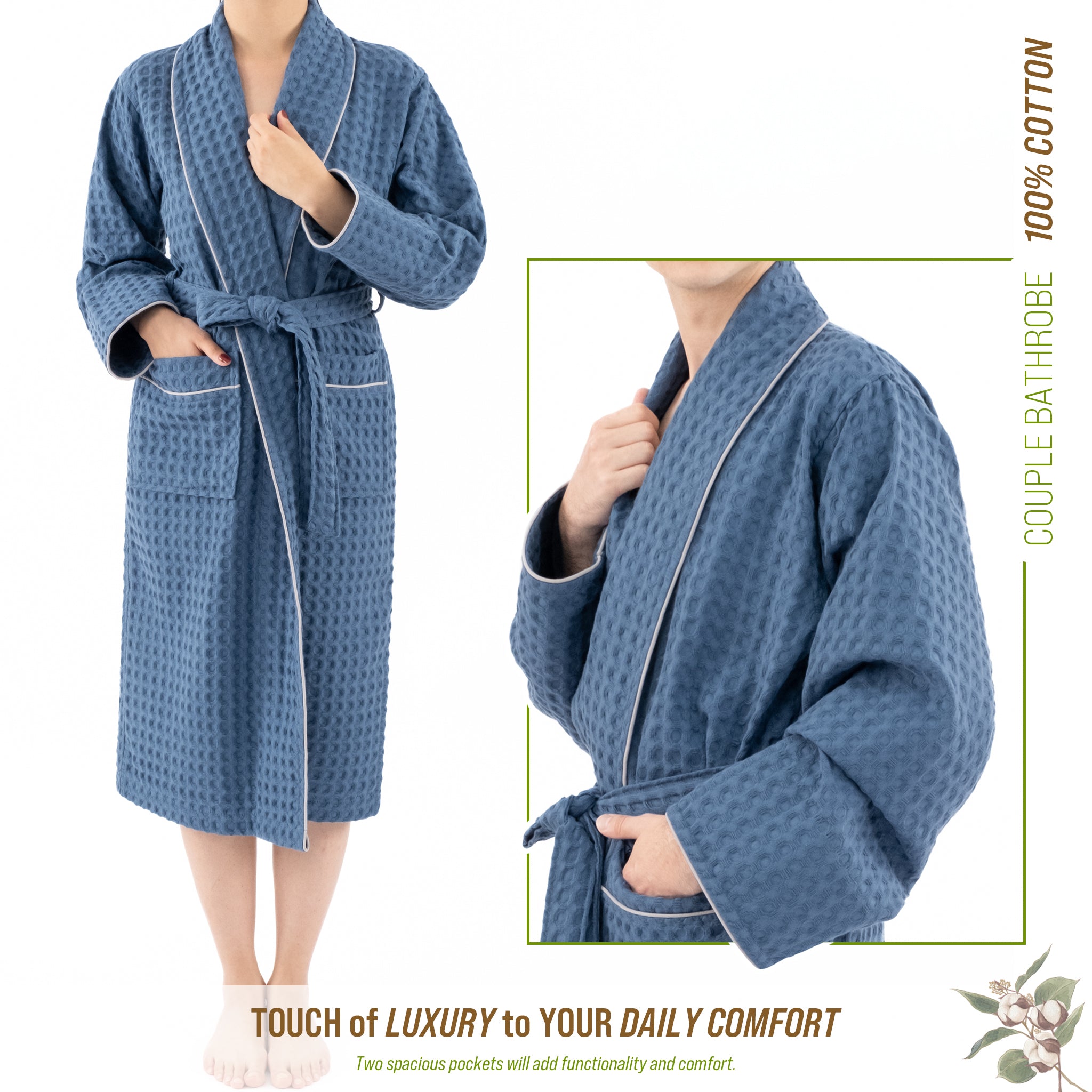 American Soft Linen 100% Cotton Waffle Robes for Women and Men, Unisex Waffle Kimono Lounging Bathrobe, 1 Piece Waffle Robe for Couples After Shower