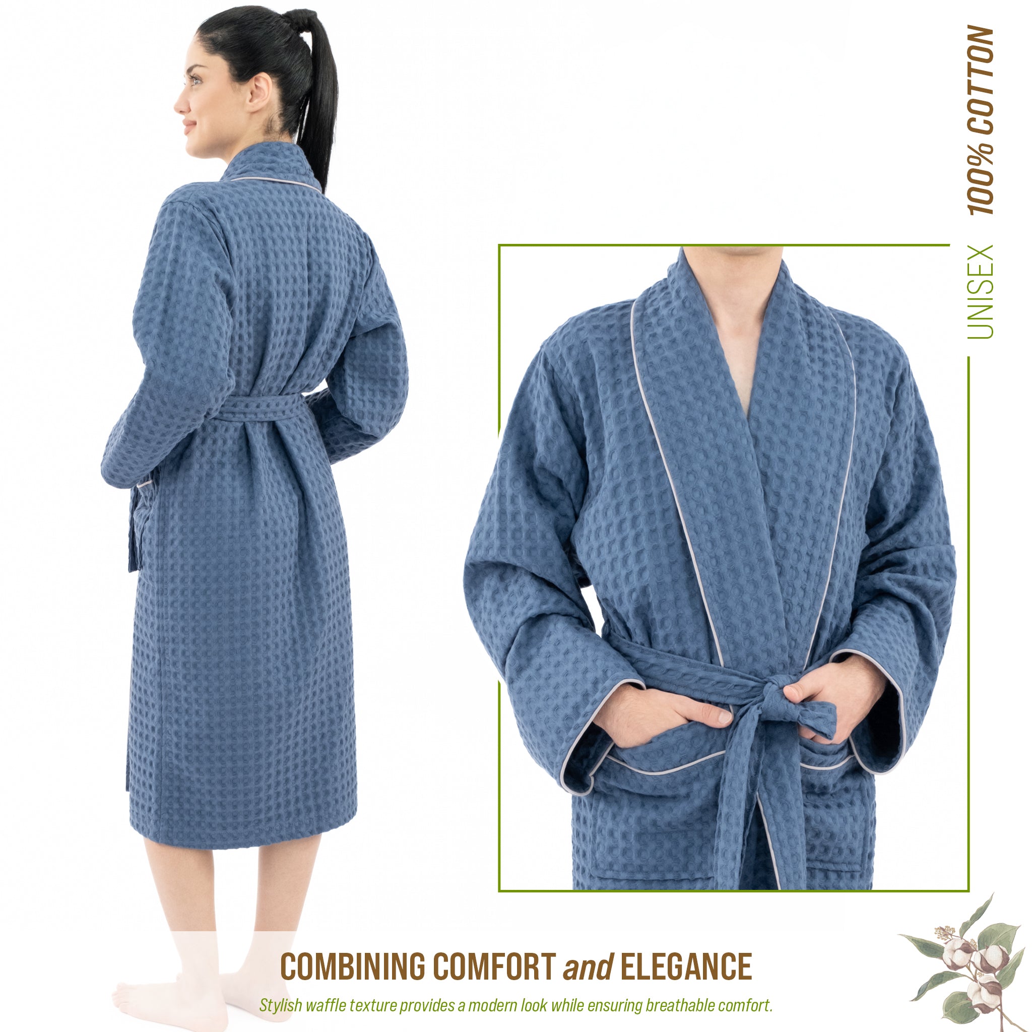 American Soft Linen 100% Cotton Waffle Robes for Women and Men, Unisex Waffle Kimono Lounging Bathrobe, 1 Piece Waffle Robe for Couples After Shower