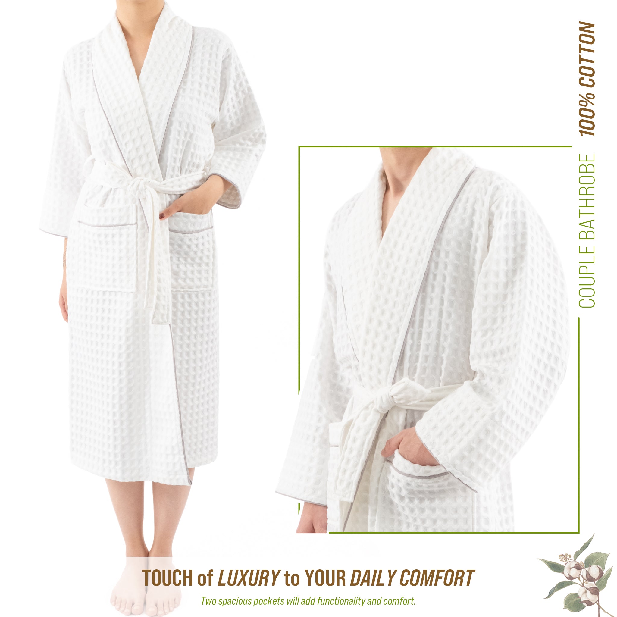 American Soft Linen 100% Cotton Waffle Robes for Women and Men, Unisex Waffle Kimono Lounging Bathrobe, 1 Piece Waffle Robe for Couples After Shower