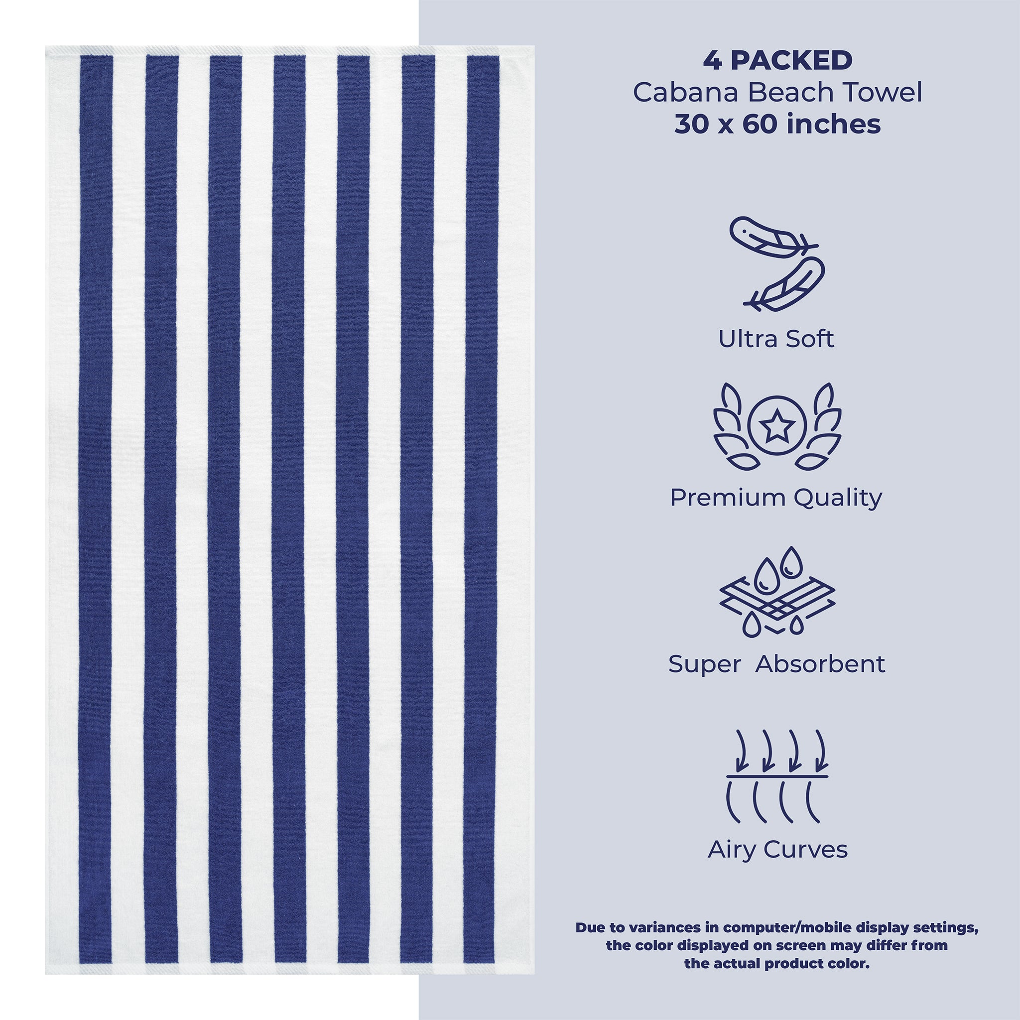 American Soft Linen, 100% Cotton 4 Pack Beach Towels, 30" x 60" Cabana Striped Pool Towels