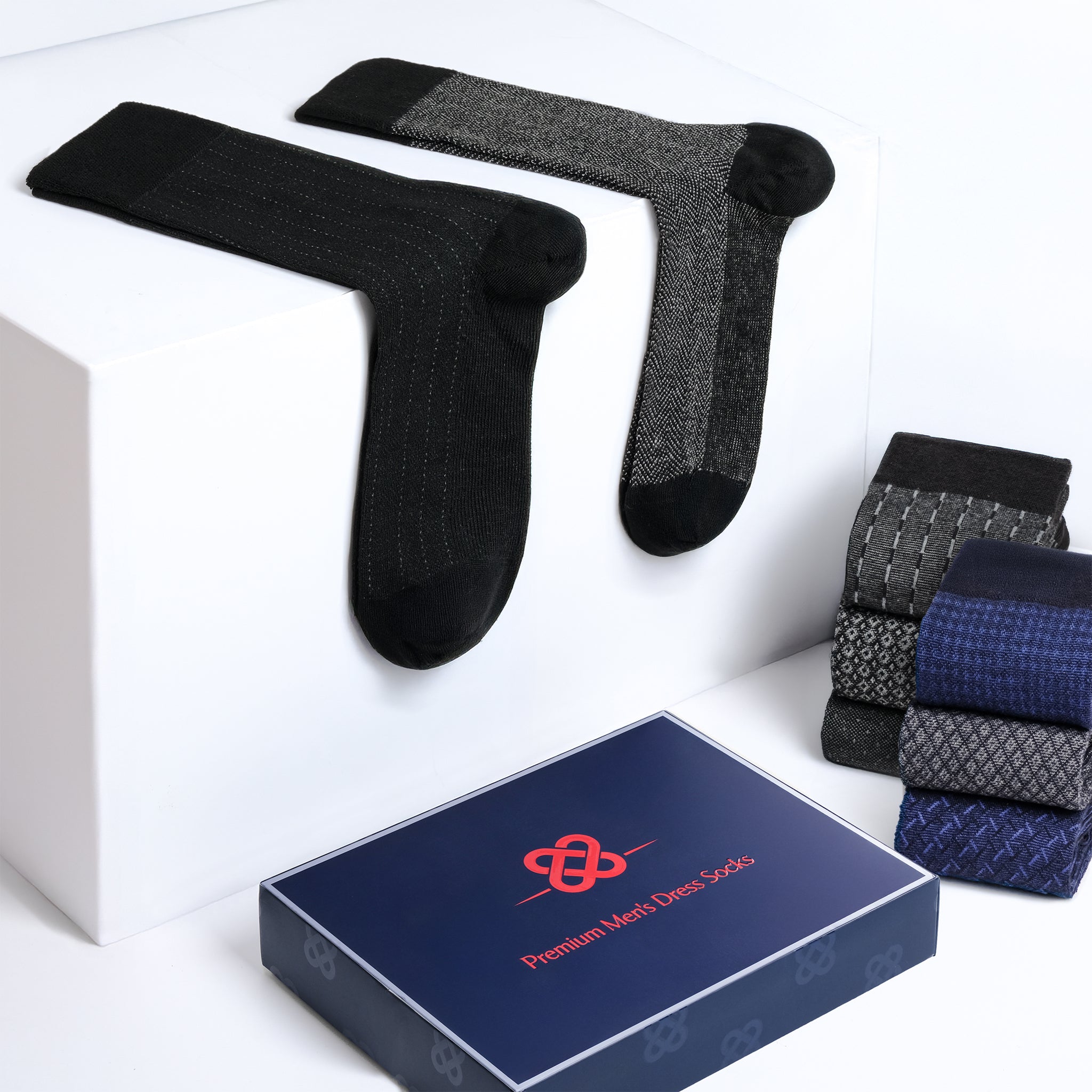 American Soft Linen men’s luxury patterned crew dress socks in premium gift box organizer, Mix color,  5 pack black + 5 pack blue