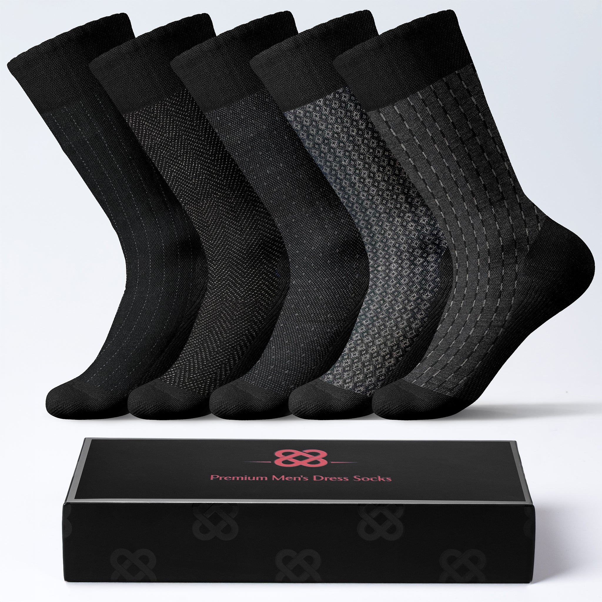 American Soft Linen men’s luxury patterned crew dress socks in premium gift box organizer, 5 pack black