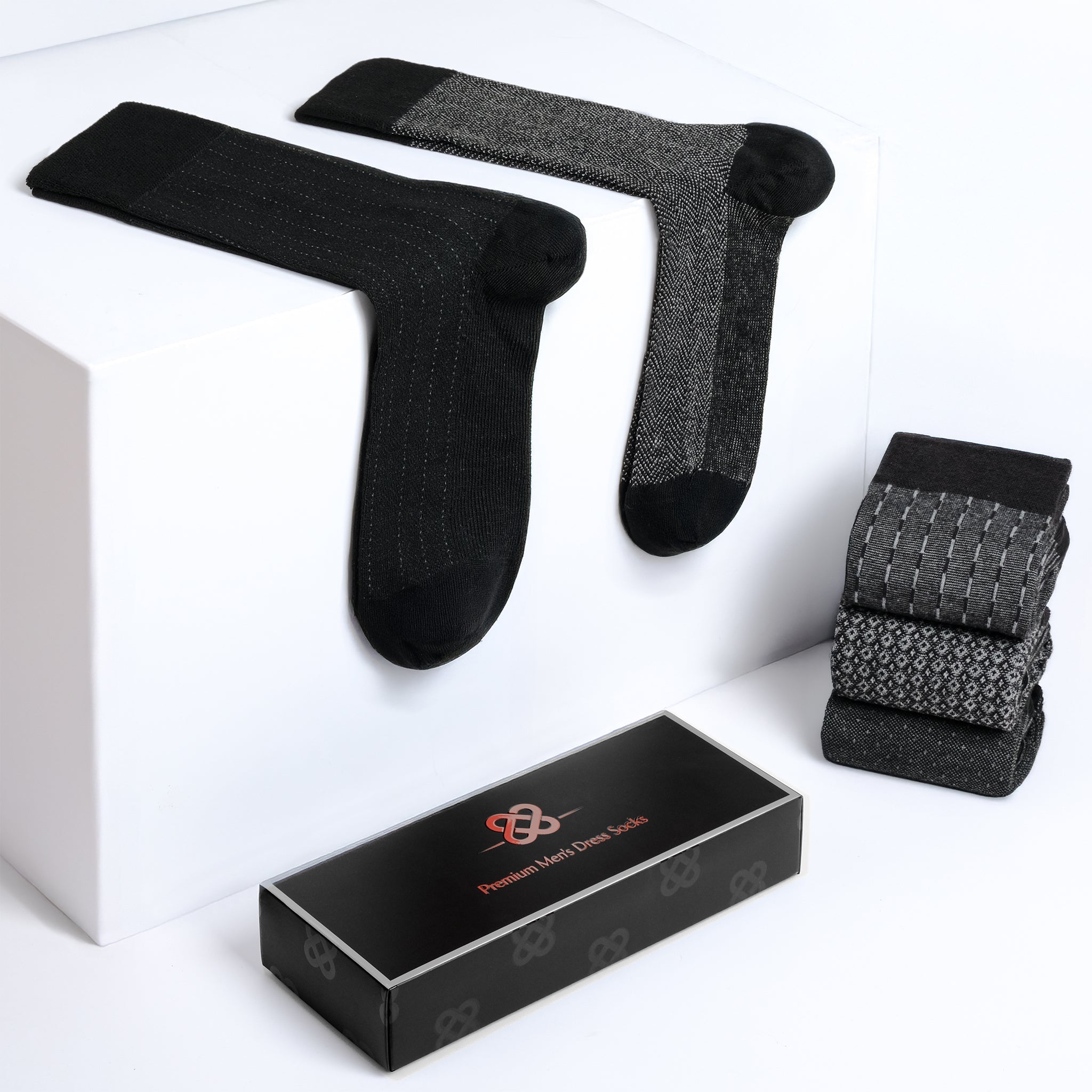 American Soft Linen men’s luxury patterned crew dress socks in premium gift box organizer, 5 pack black