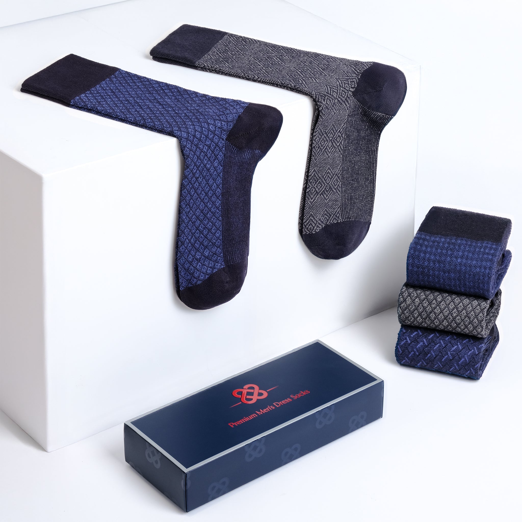 American Soft Linen men’s luxury patterned crew dress socks in premium gift box organizer, 5 pack blue