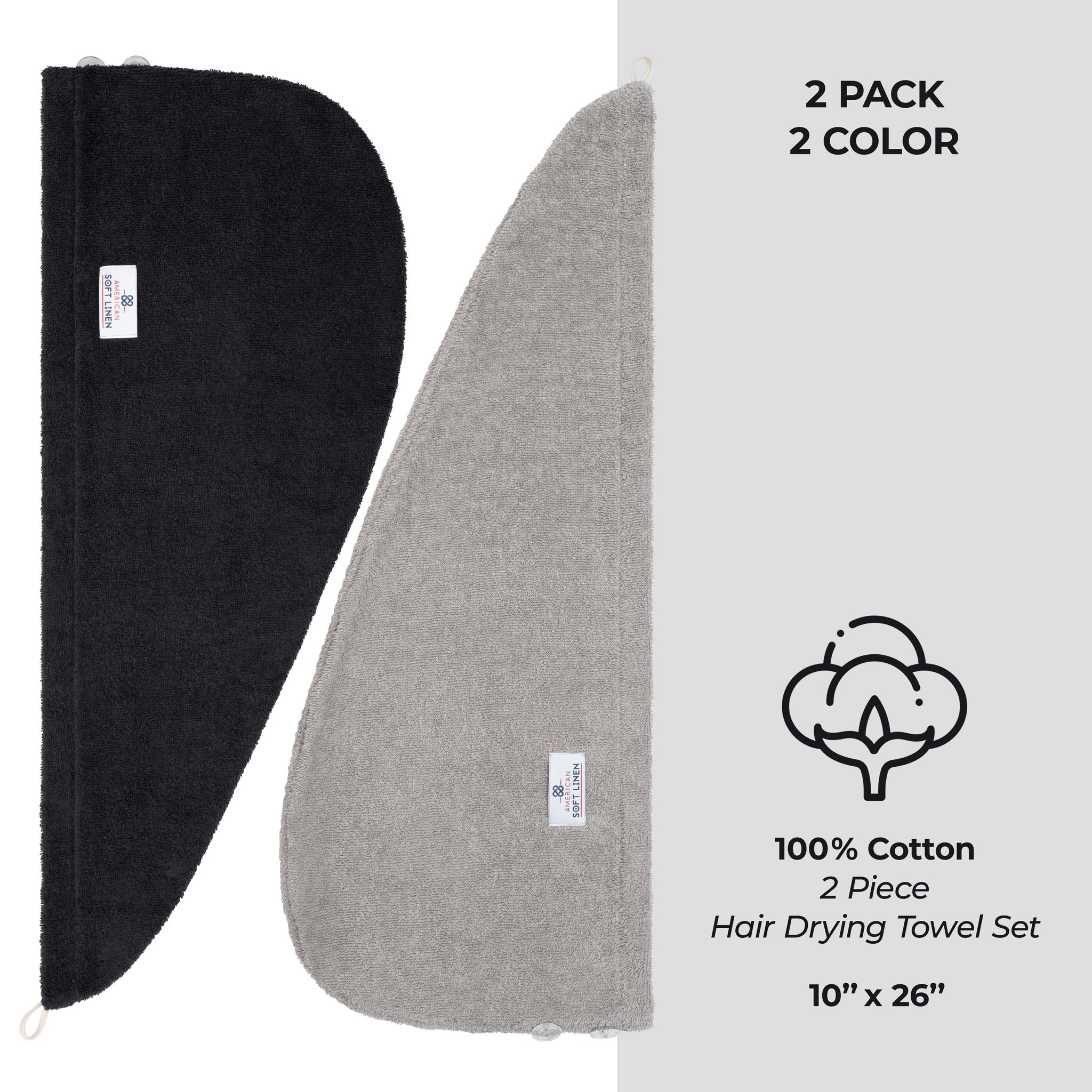 American Soft Linen 100% Cotton Hair Drying Towels for Women 2 pack 75 set case pack black-rockridge-5