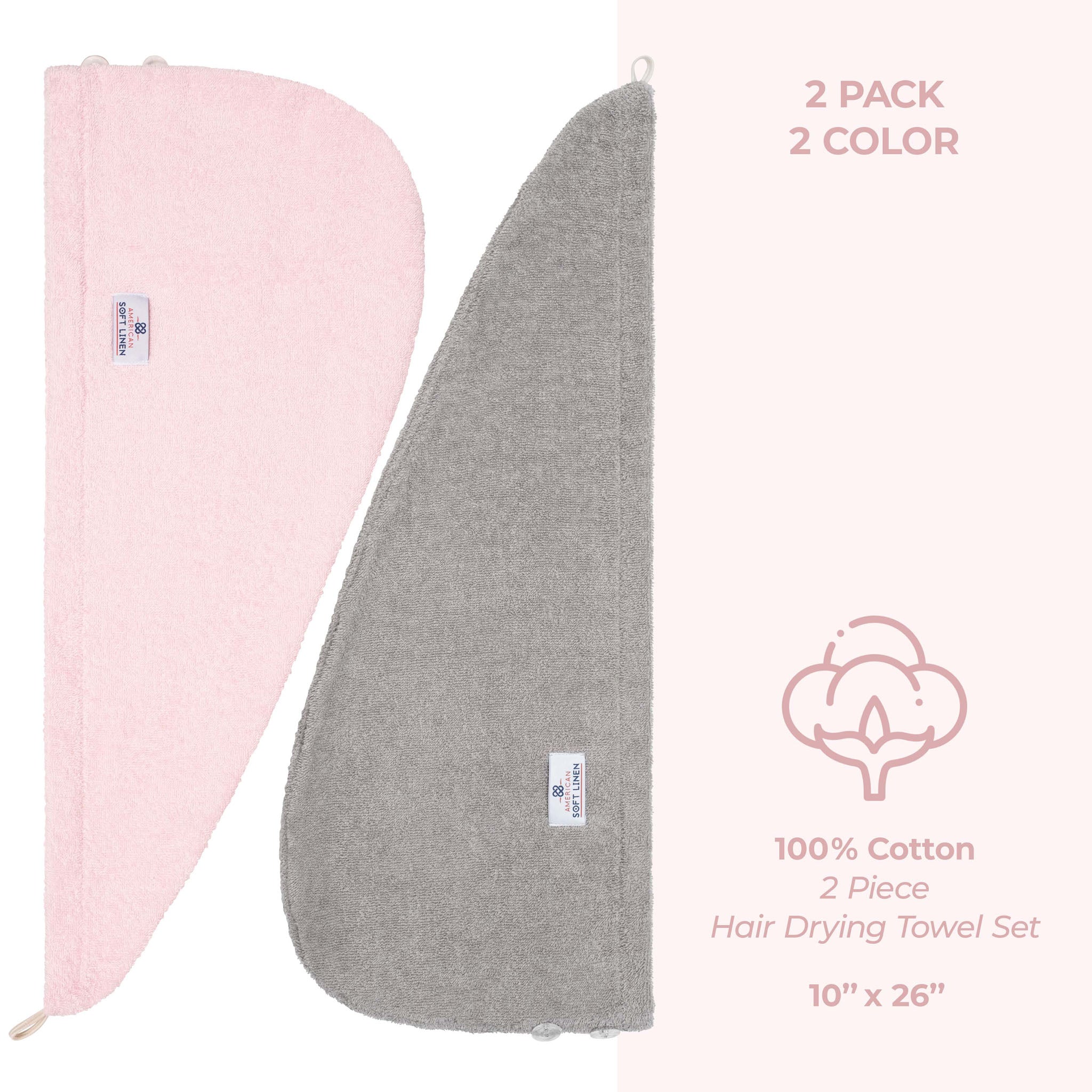 American Soft Linen 100% Cotton Hair Drying Towels for Women 2 pack 75 set case pack pink-rockridge gray-5