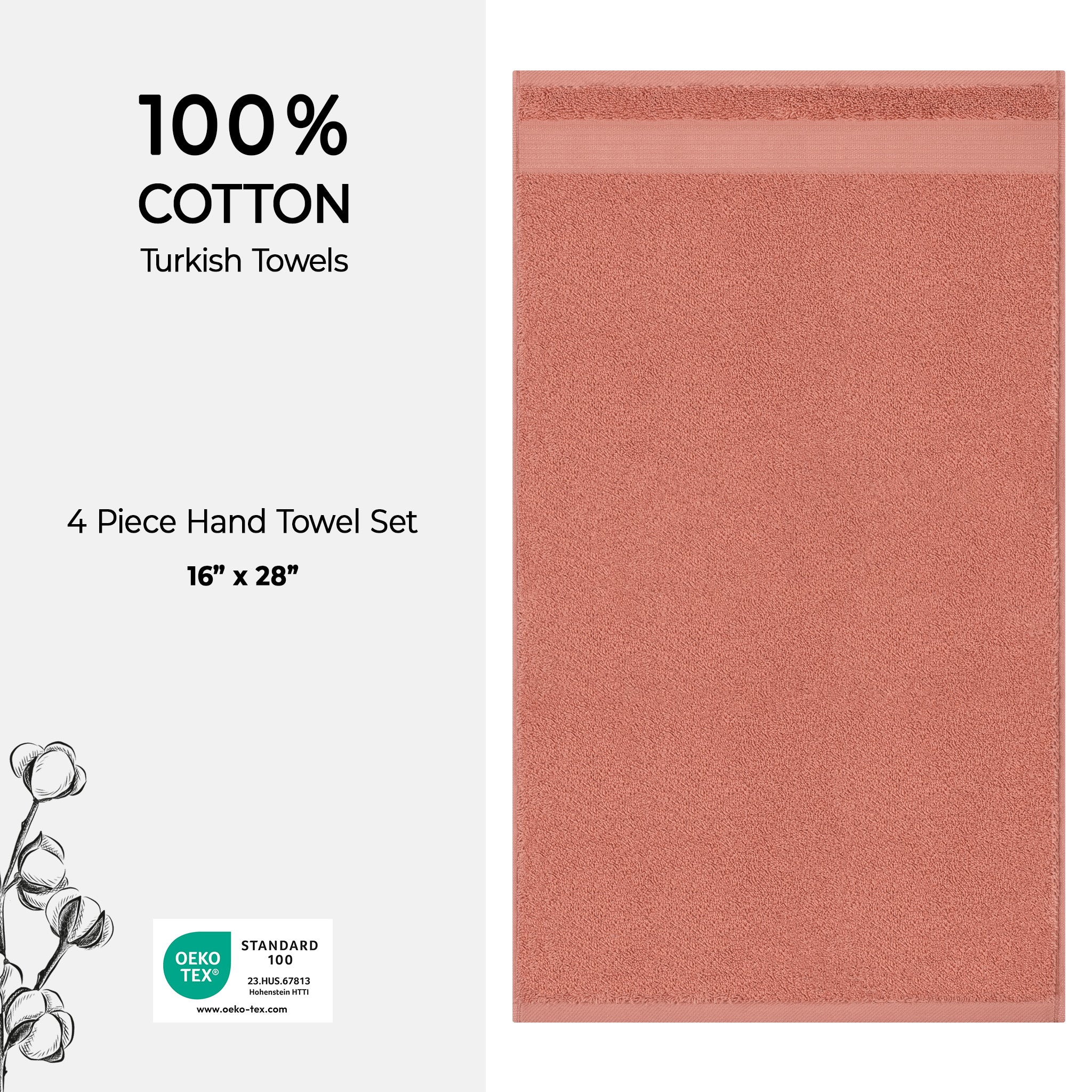 American Soft Linen Bekos 100% Cotton Turkish Towels, 4 Piece Hand Towel Set -coral-04
