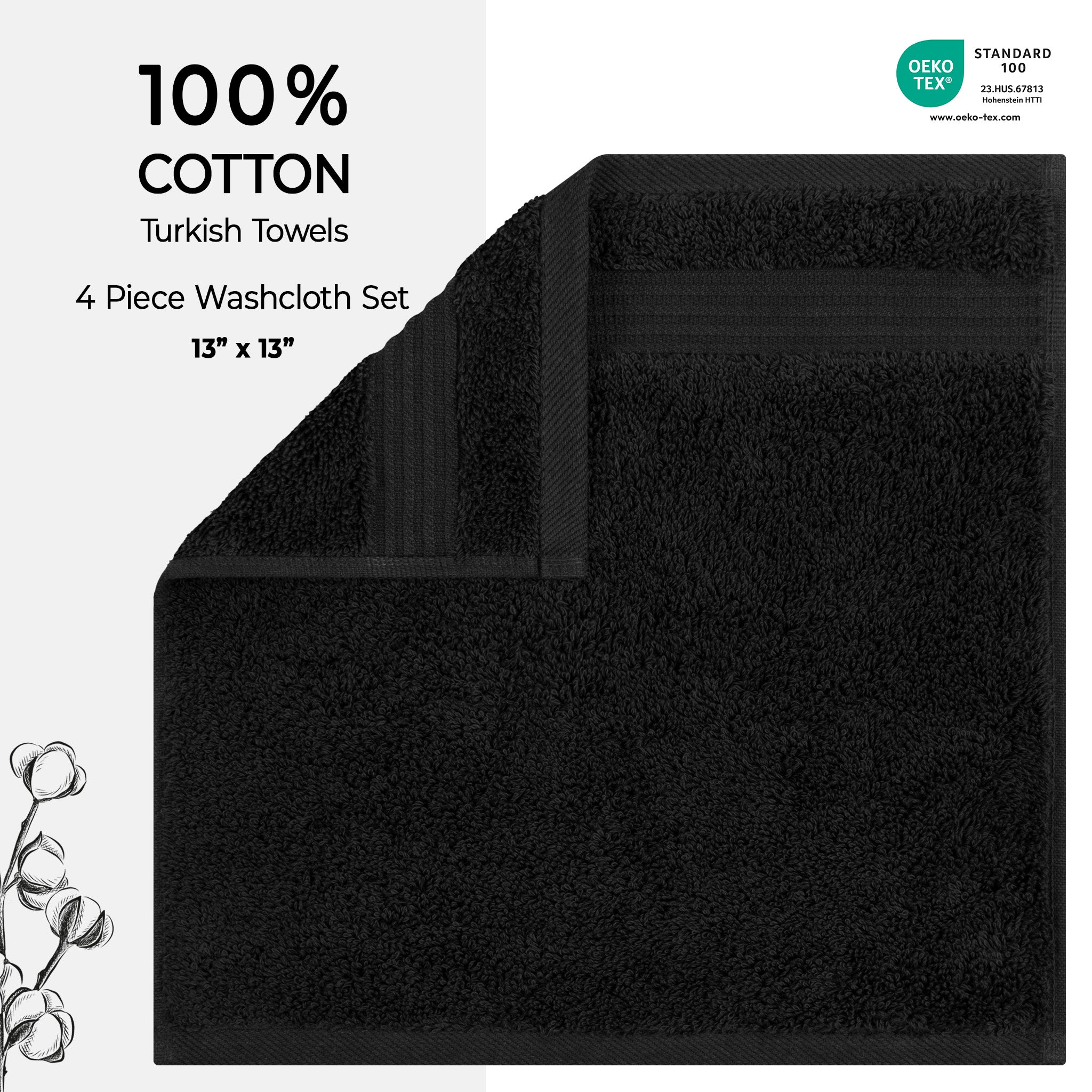 American Soft Linen Bekos 100% Cotton Turkish Towels, 4 Piece Washcloth Towel Set -black-02