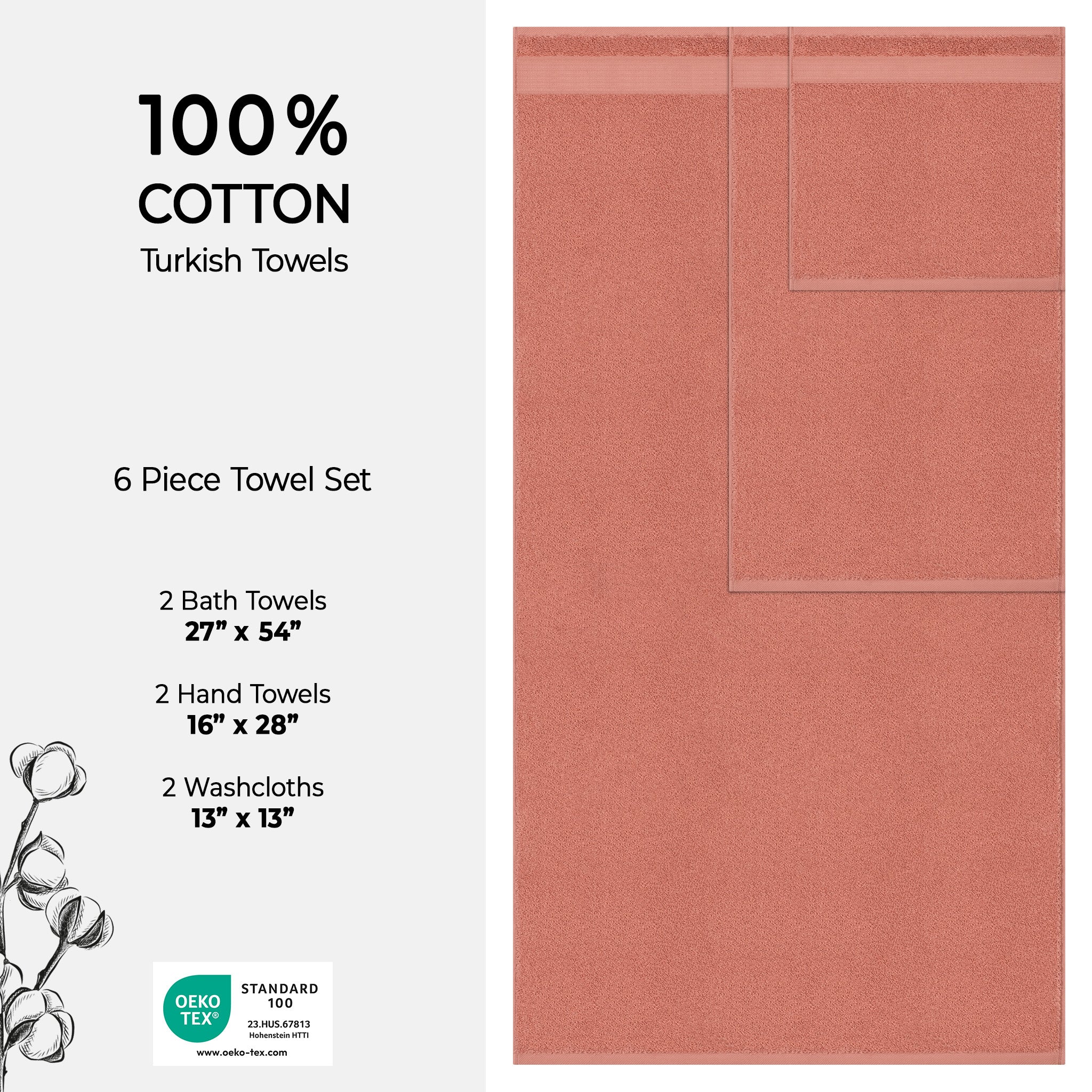 American Soft Linen Bekos 100% Cotton Turkish Towels 6 Piece Bath Towel Set -coral-04
